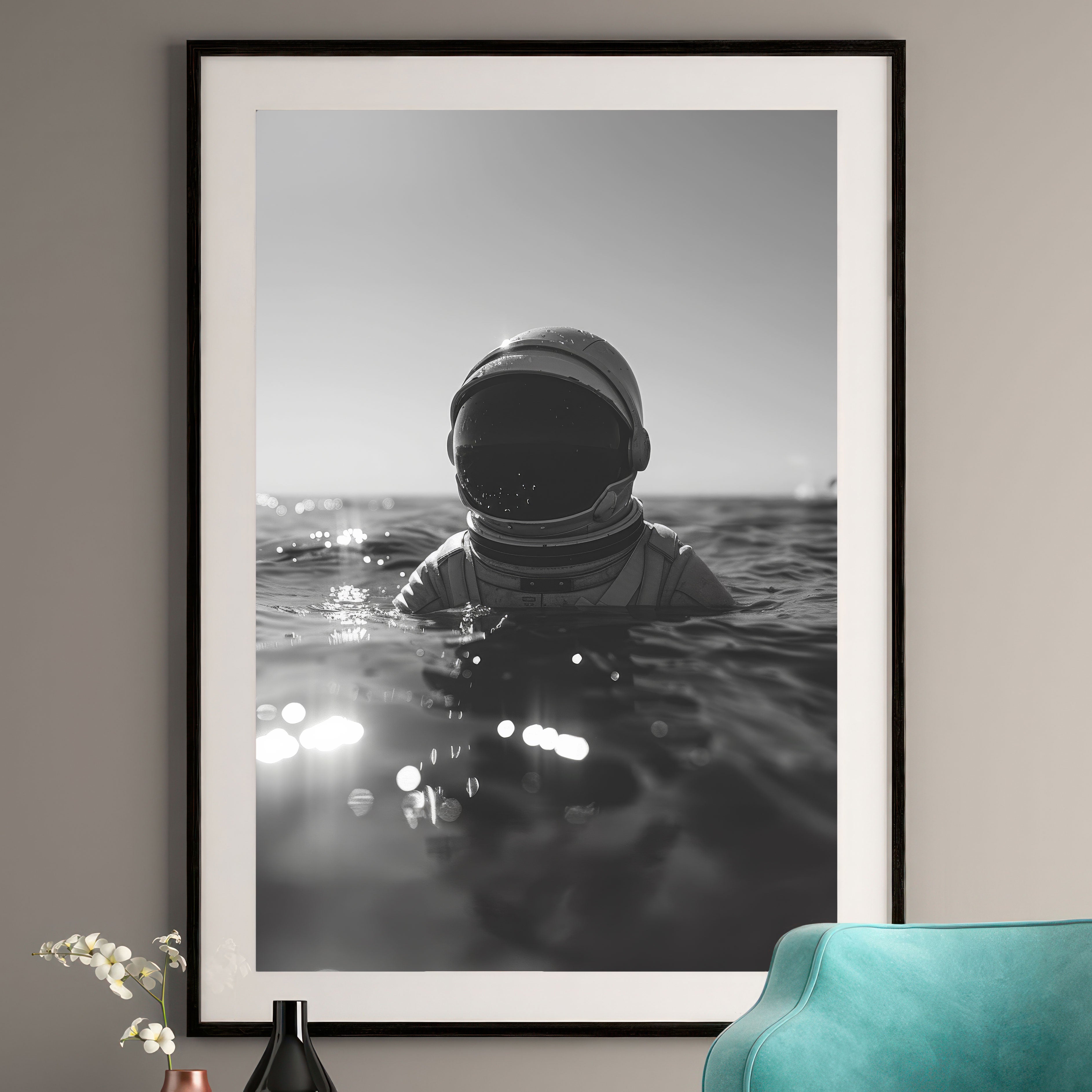 Astronaut Ocean Portrait - Black & White Art Print