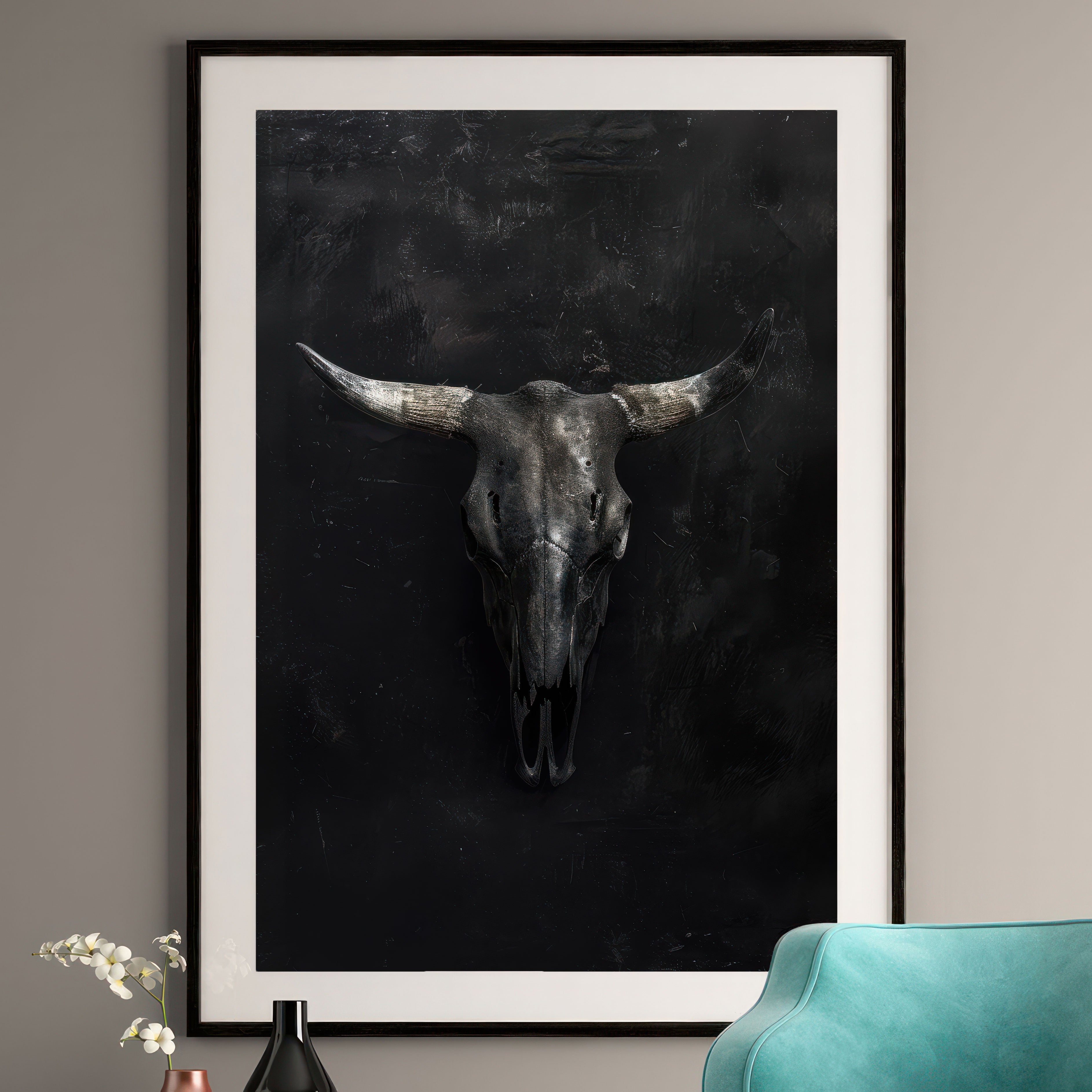 Dark Bull Skull Art Print - Gothic Wall Decor - Moody Animal Skull Poster