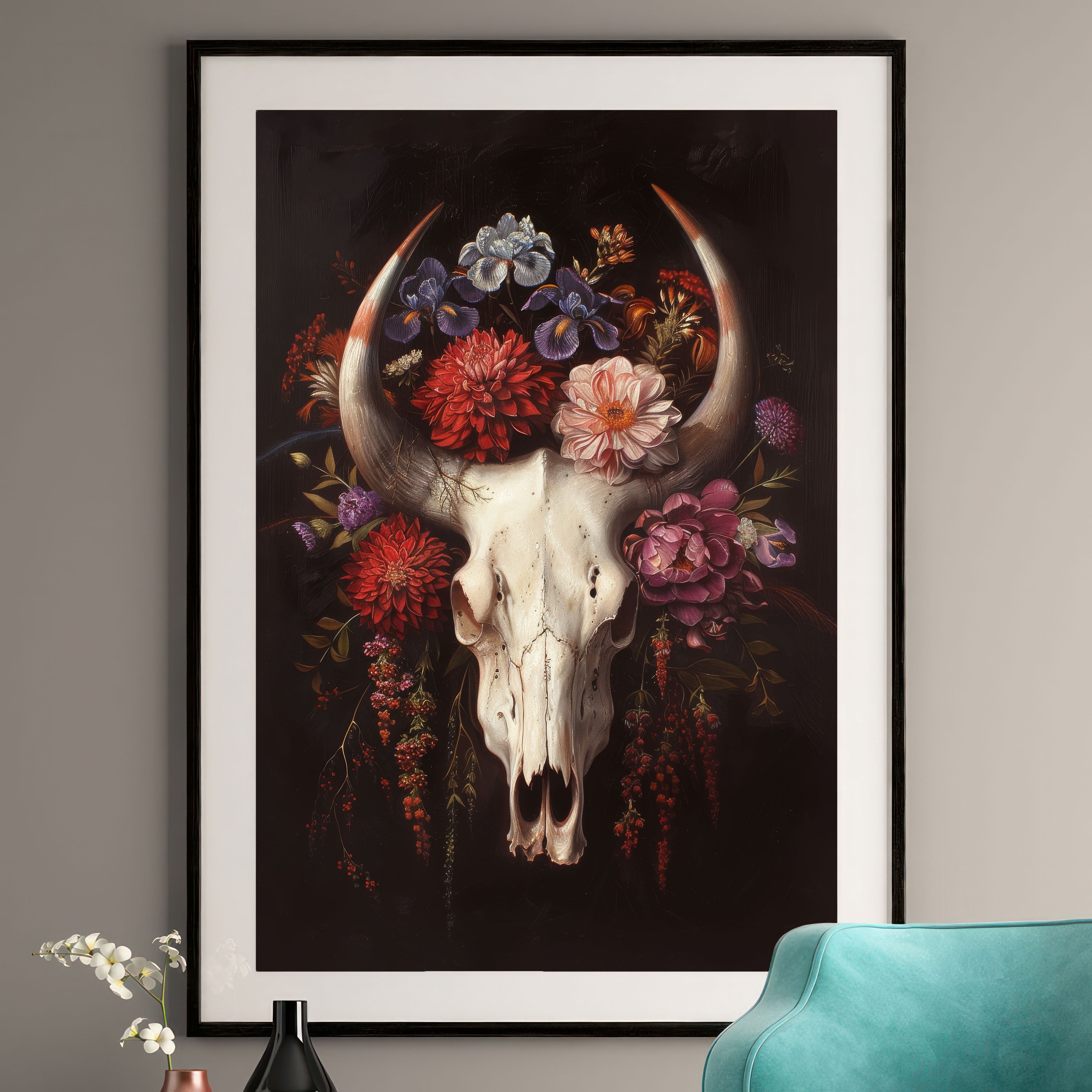 Floral Bull Skull Art Print - Dark Academia Wall Decor