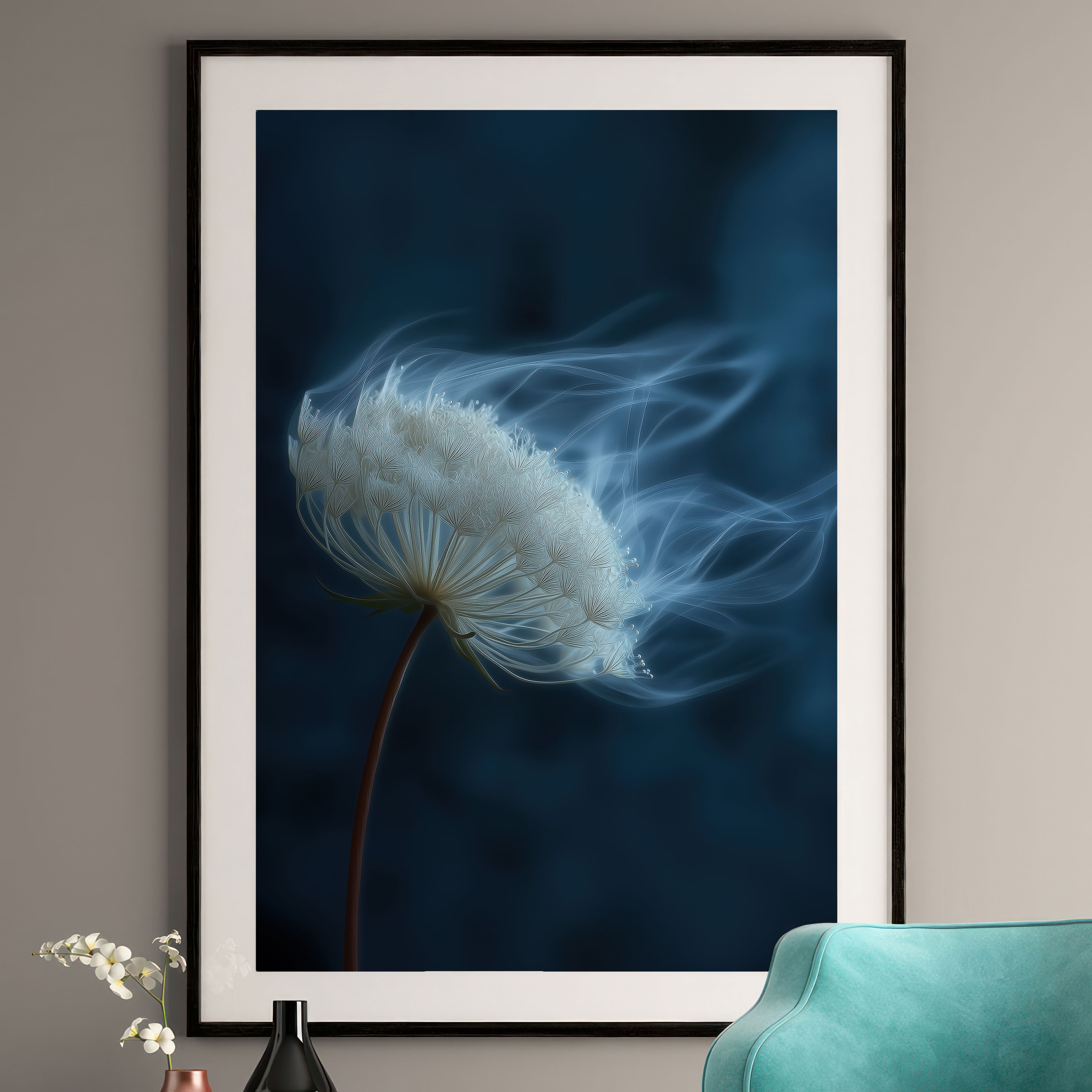 Dandelion Art Print - Moody Blue Botanical Wall Art