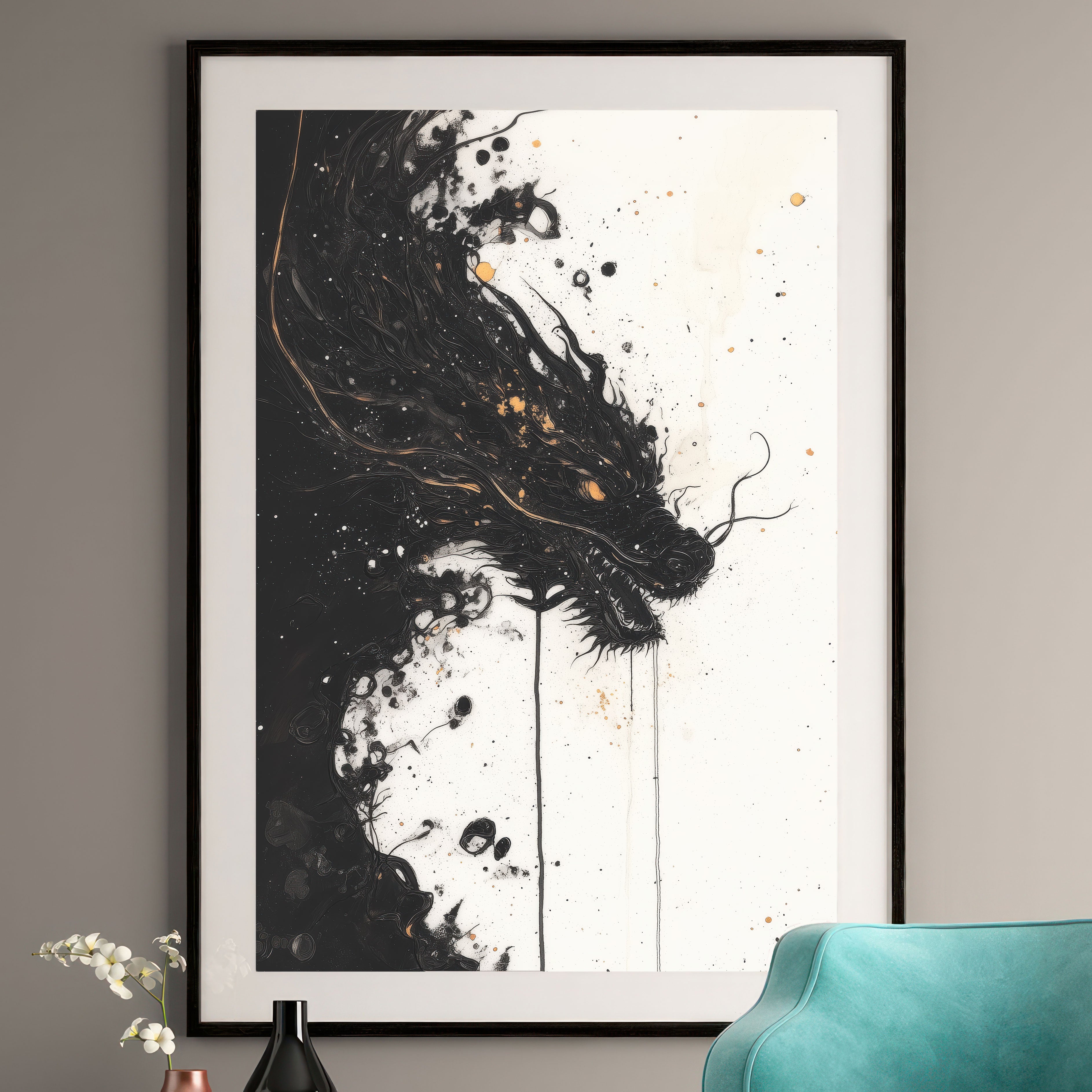 Dragon Spirit Ink Wash Art Print – Asian-Inspired Mystical Creature Decor