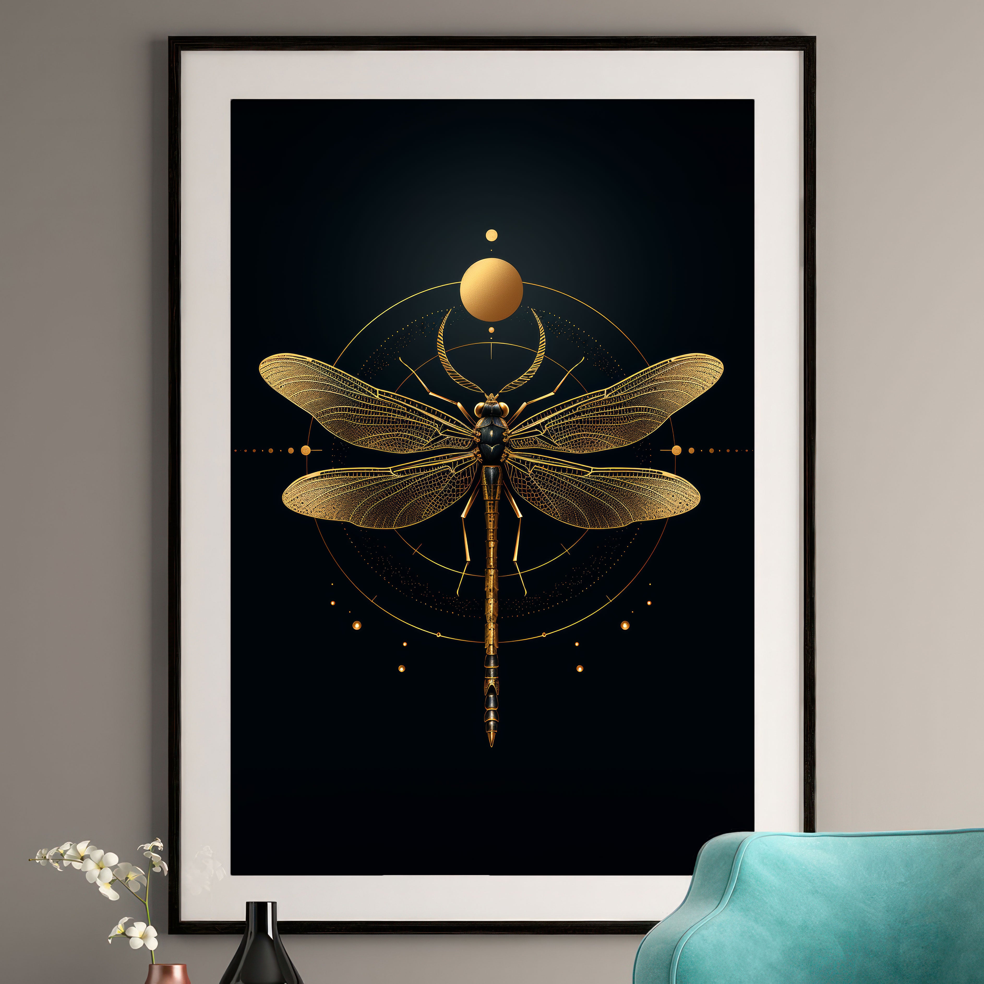 Golden Dragonfly Art Print - Celestial Wall Art