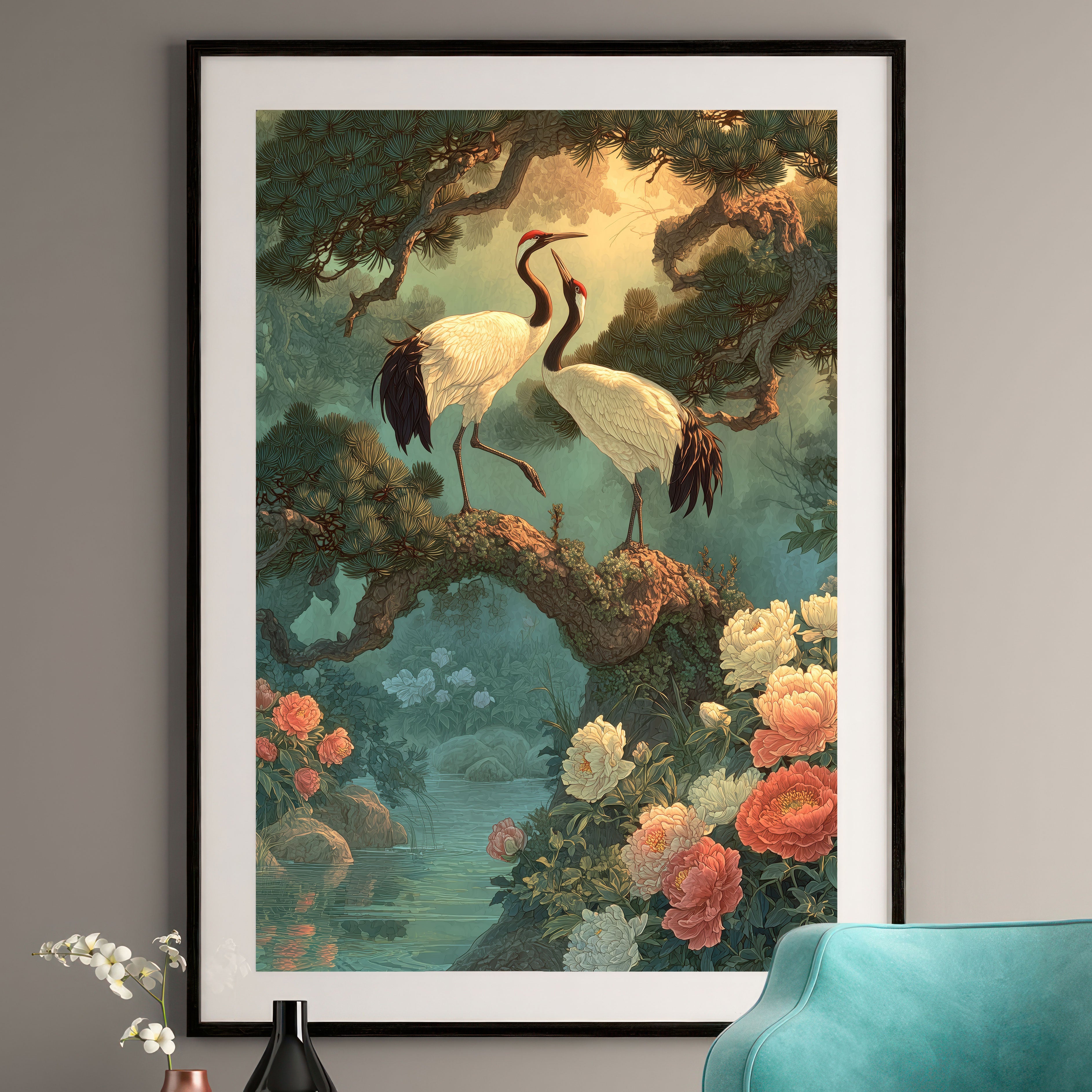 Japanese Crane Art Print - Vintage Bird & Peony Wall Art