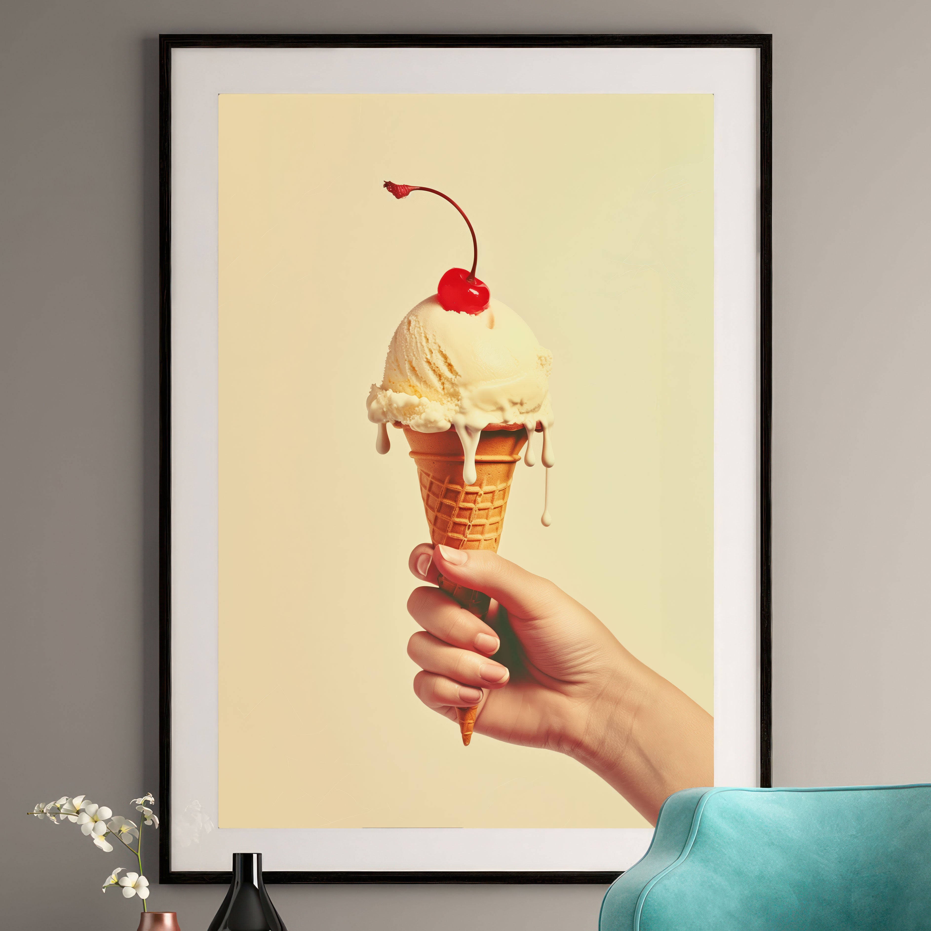 Retro Ice Cream Cone Art Print - Vintage Wall Decor - Cherry on Top