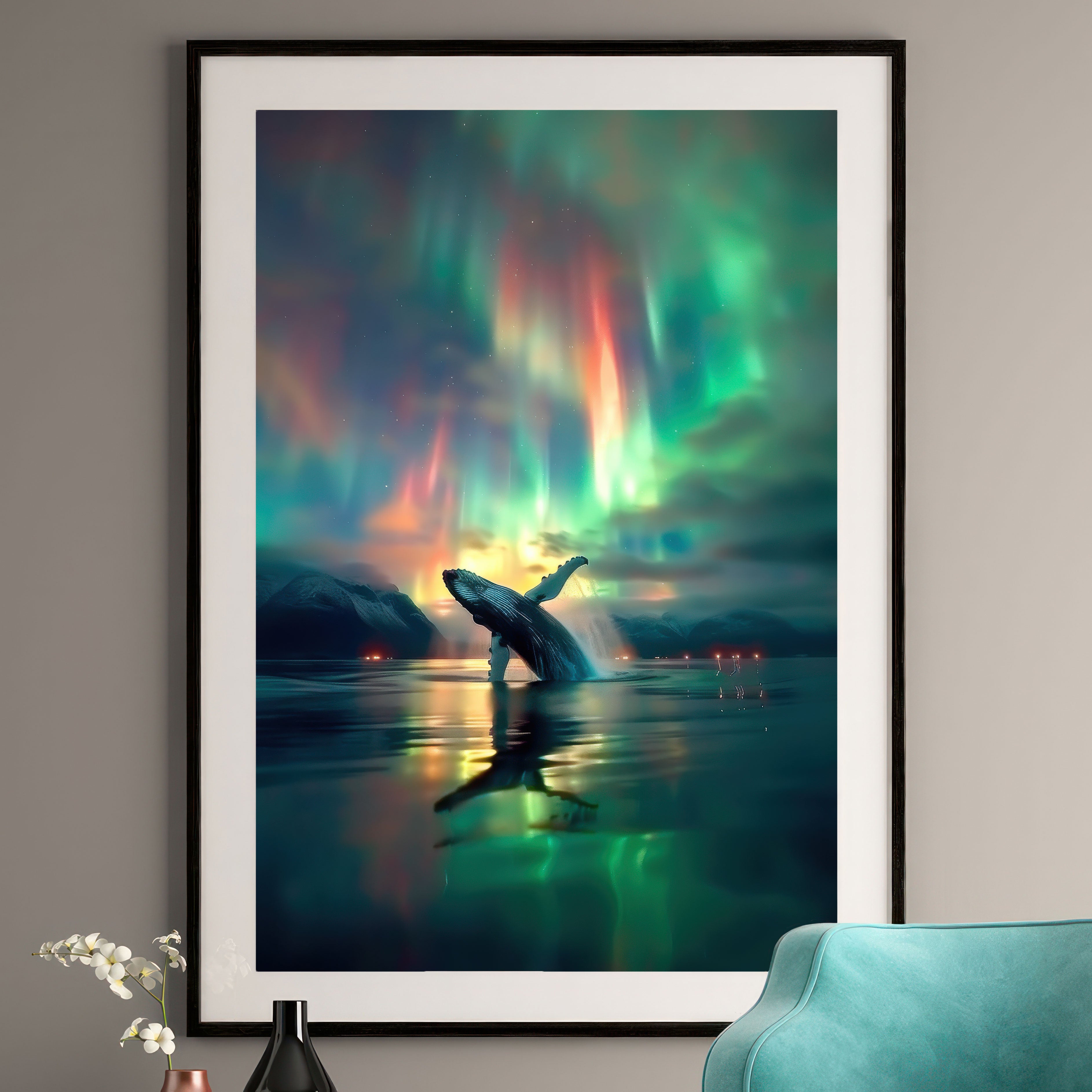 Humpback Whale & Northern Lights Art Print - Nature Wall Art