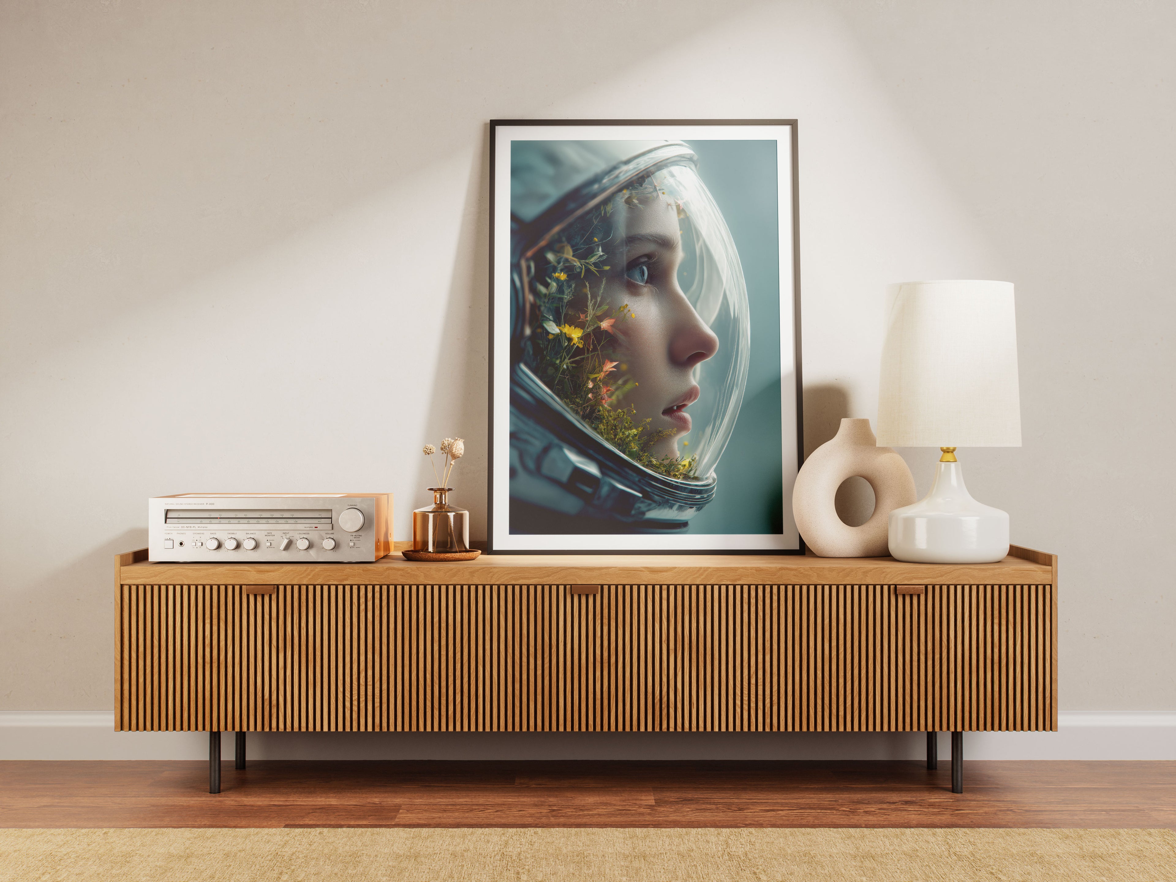 Astronaut Botanical Art Print - Space Helmet Garden Wall Art - Surreal Nature Decor