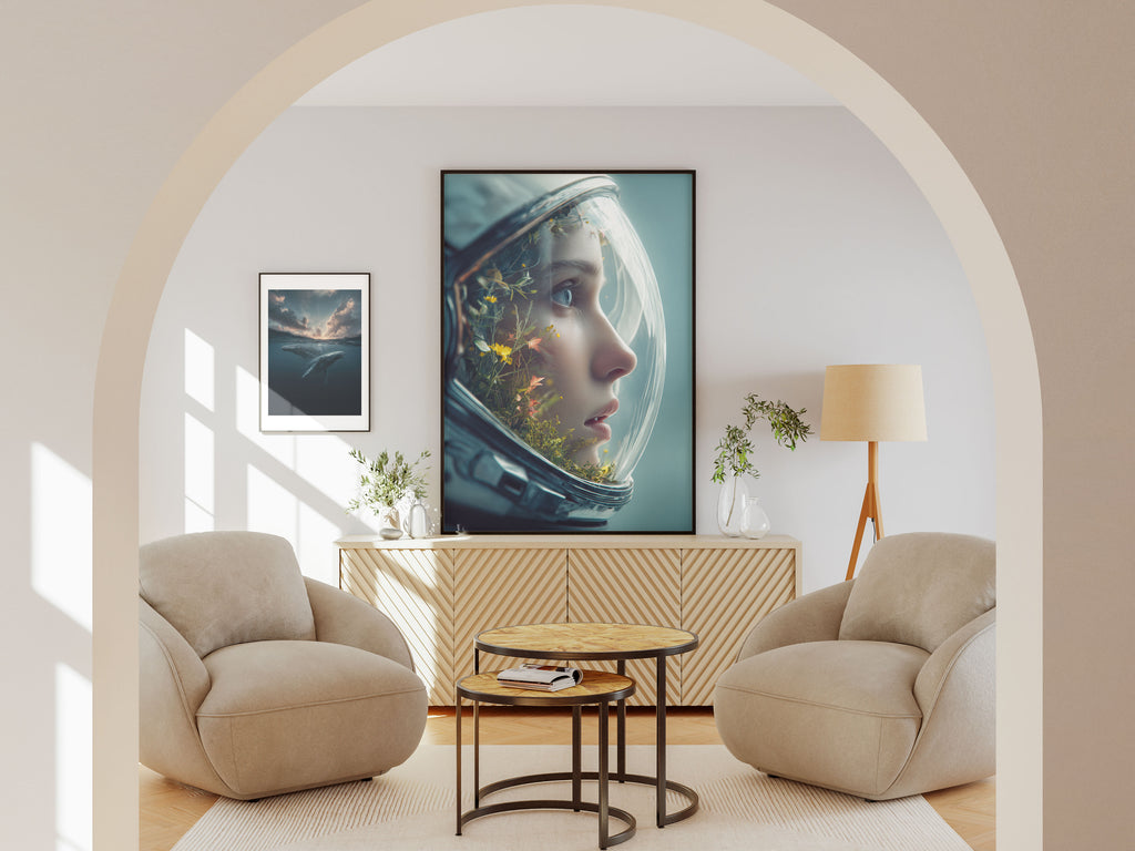 Astronaut Botanical Art Print - Space Helmet Garden Wall Art - Surreal Nature Decor