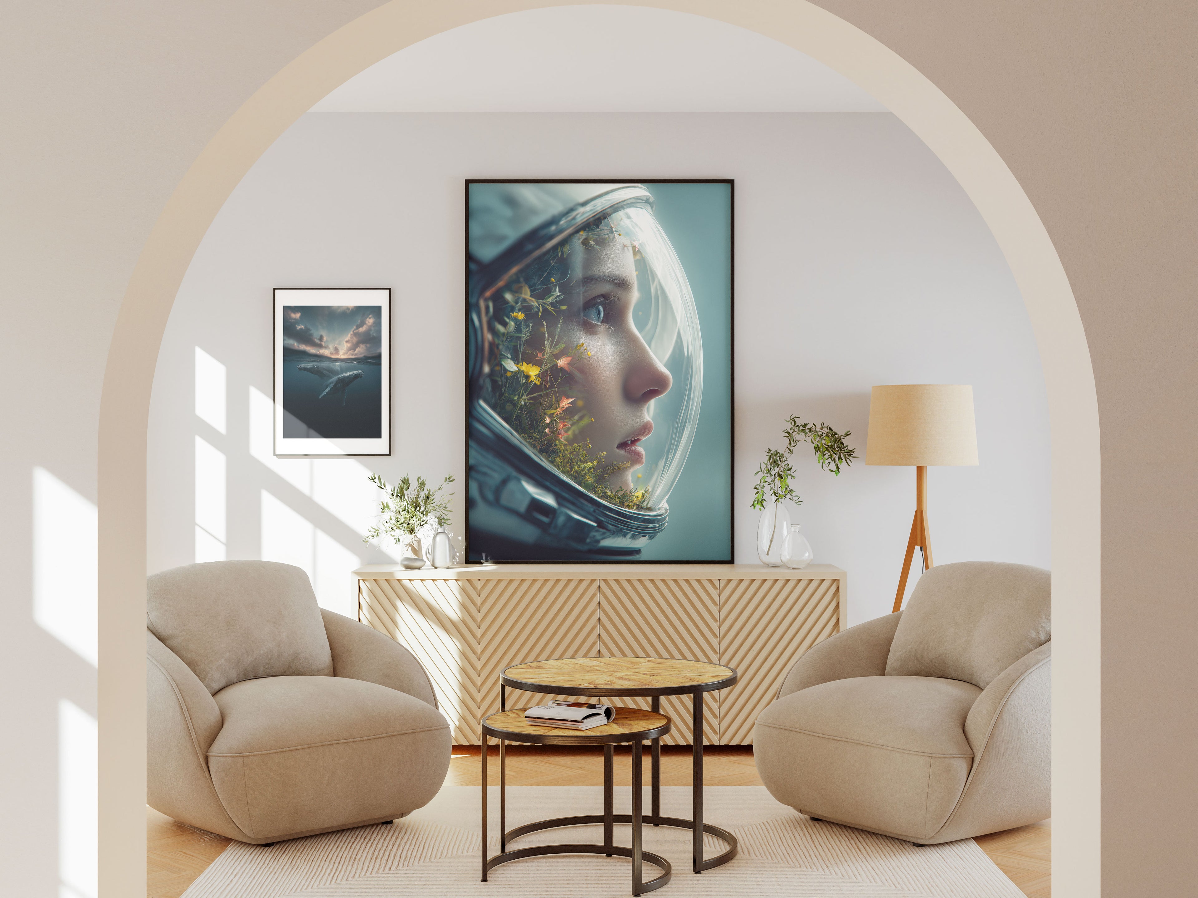 Astronaut Botanical Art Print - Space Helmet Garden Wall Art - Surreal Nature Decor
