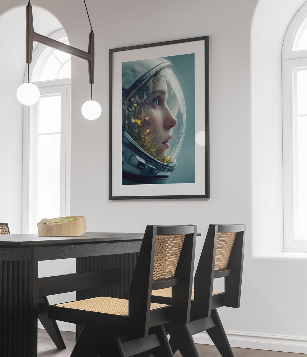 Astronaut Botanical Art Print - Space Helmet Garden Wall Art - Surreal Nature Decor