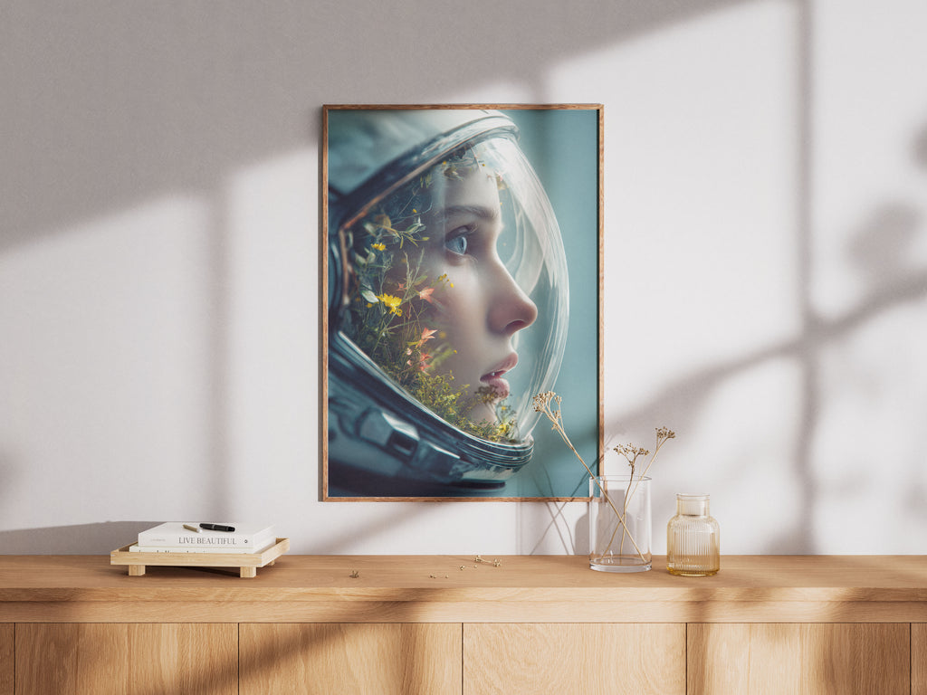 Astronaut Botanical Art Print - Space Helmet Garden Wall Art - Surreal Nature Decor
