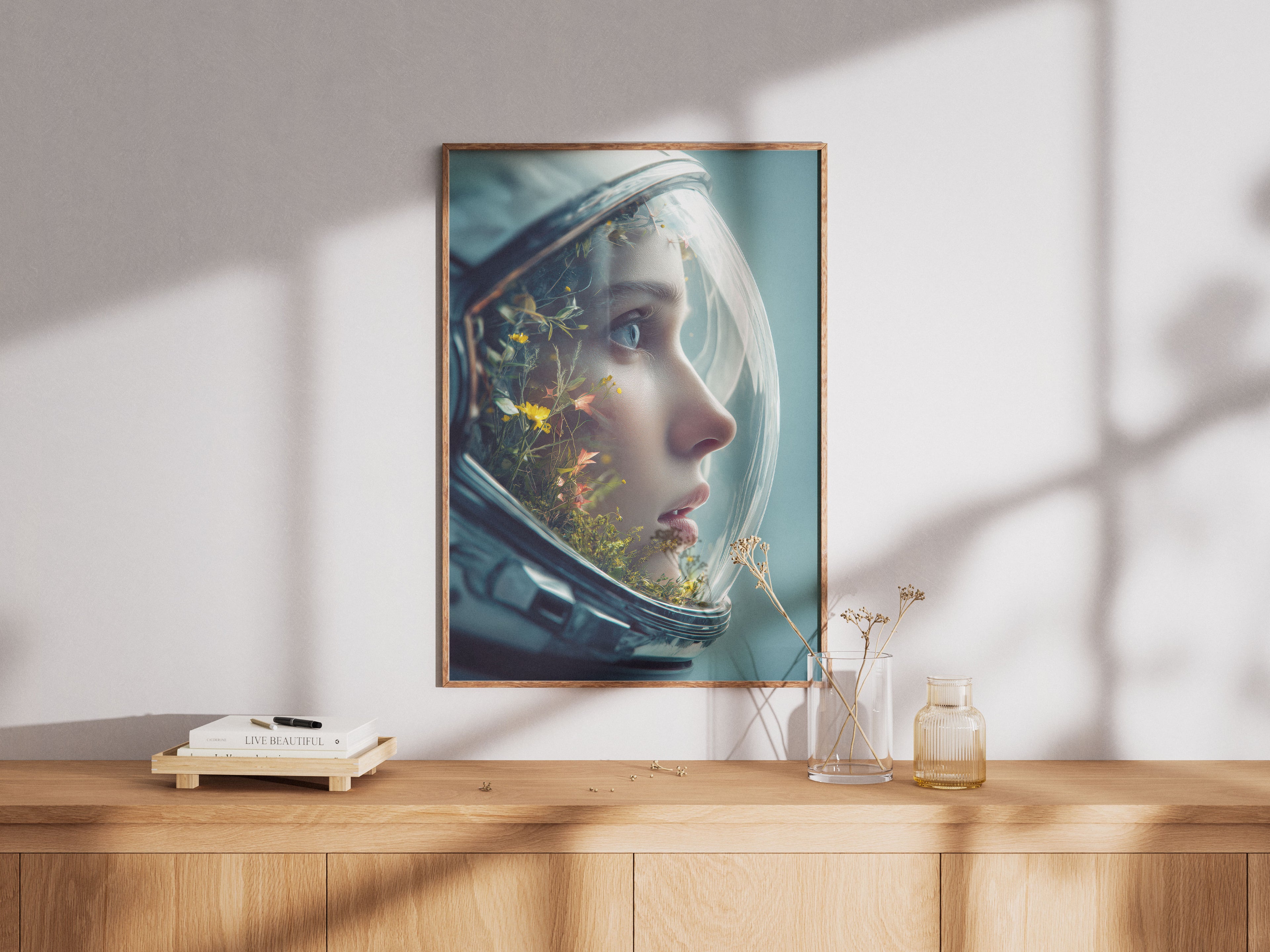 Astronaut Botanical Art Print - Space Helmet Garden Wall Art - Surreal Nature Decor