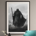 Framed black and white artwork of a warrior with a sword against a cloudy sky, displayed on a wall.