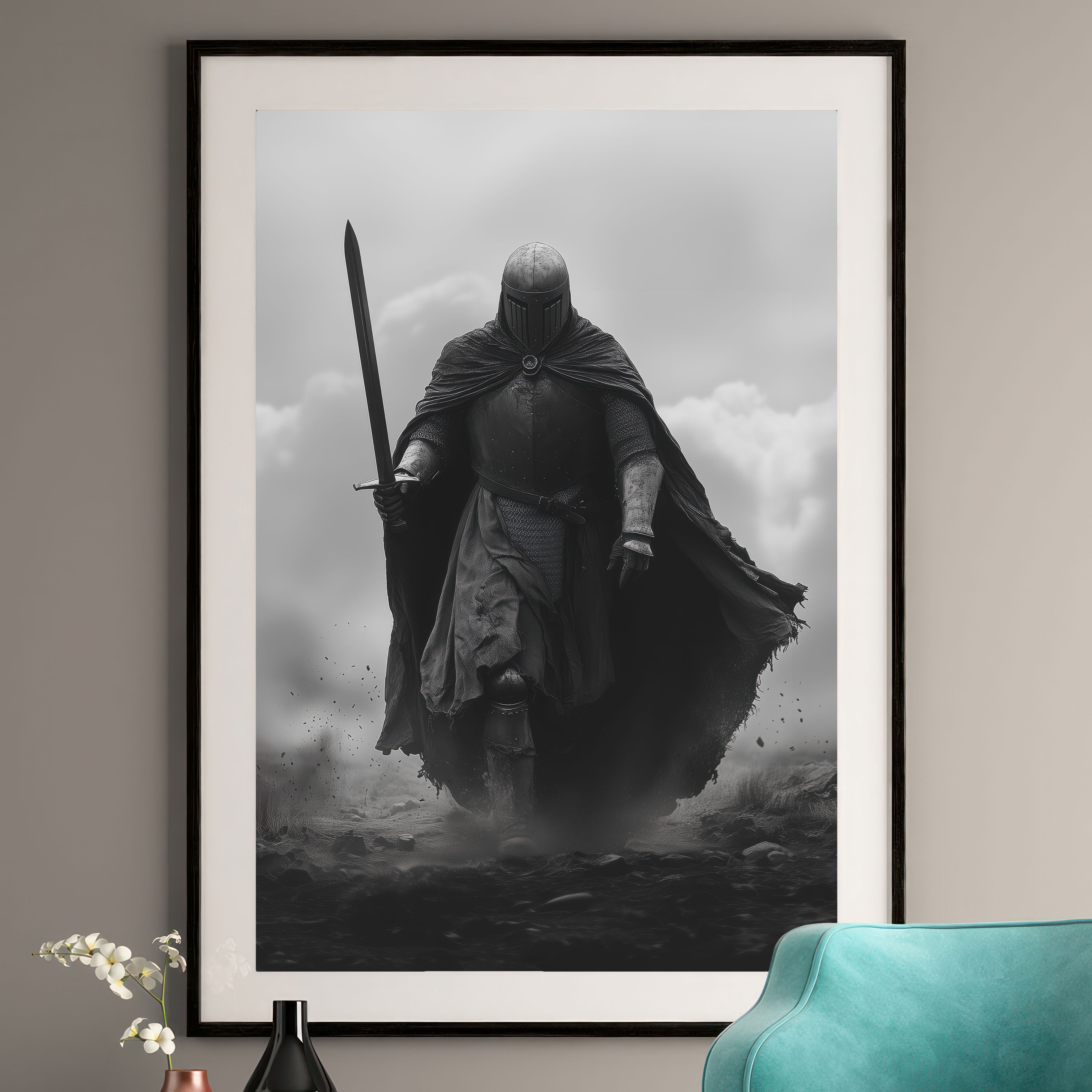 Framed black and white artwork of a warrior with a sword against a cloudy sky, displayed on a wall.