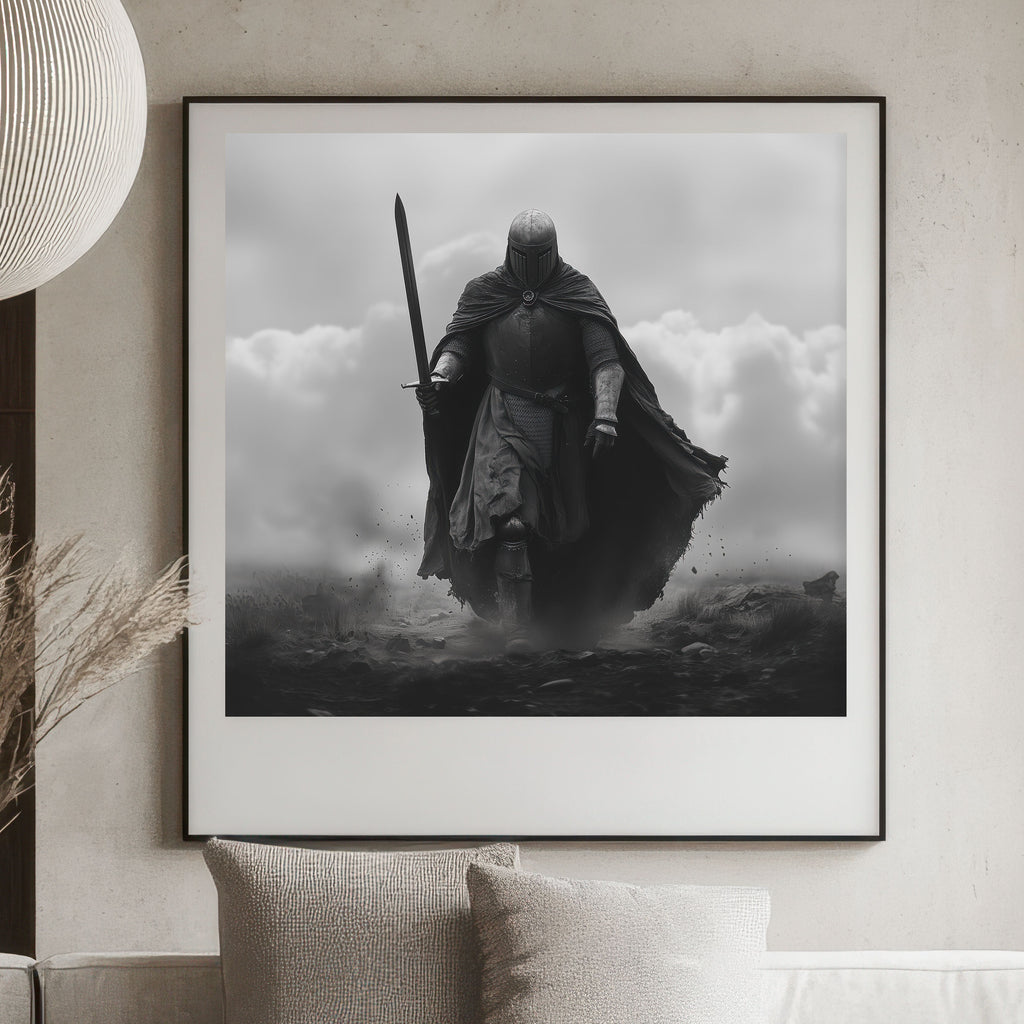 Framed black and white artwork of a warrior on a stormy sea in a living room setting.