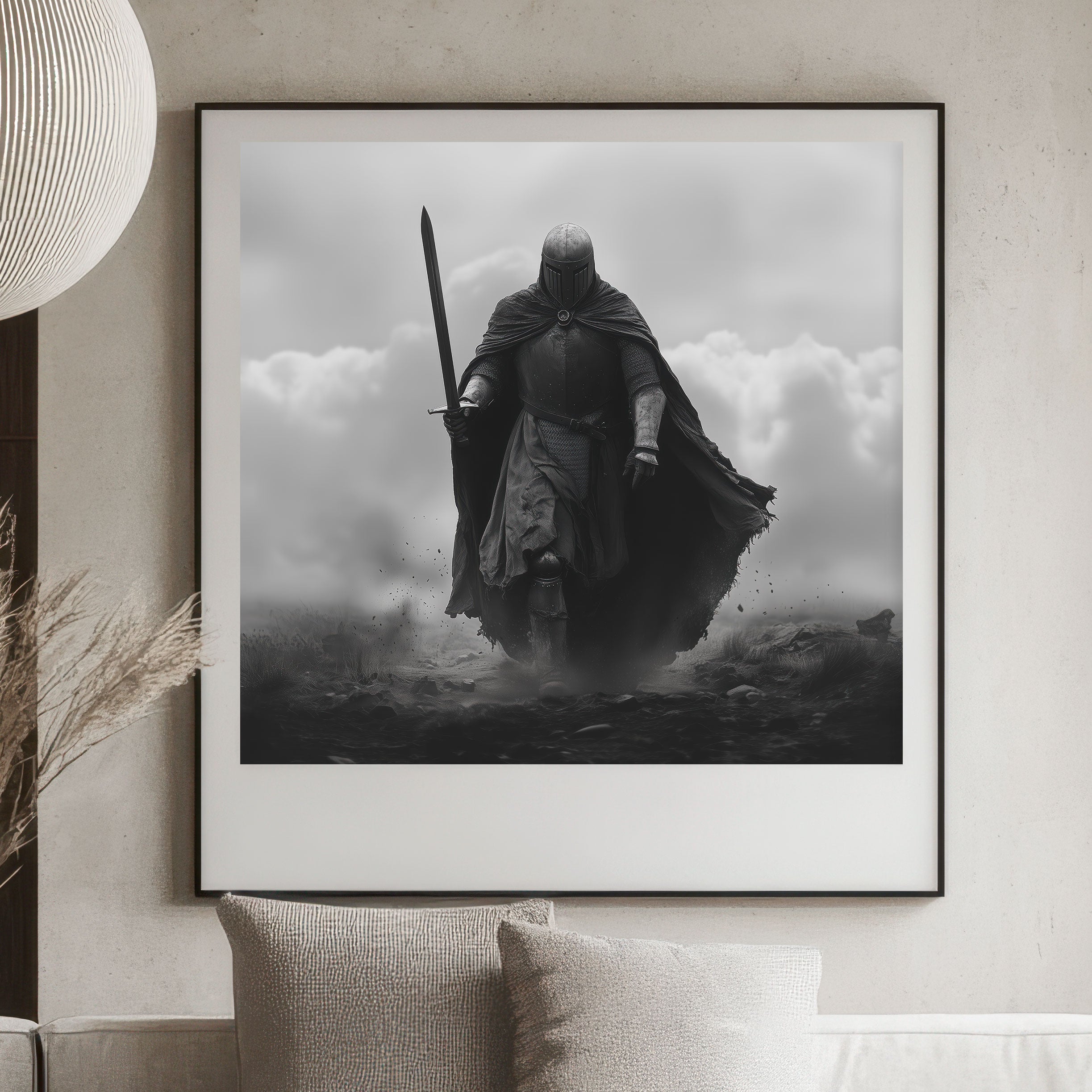 Framed black and white artwork of a warrior on a stormy sea in a living room setting.