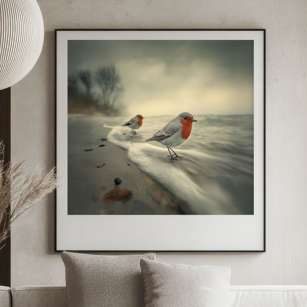 Coastal Robin Art Print - Moody Seascape Wall Decor