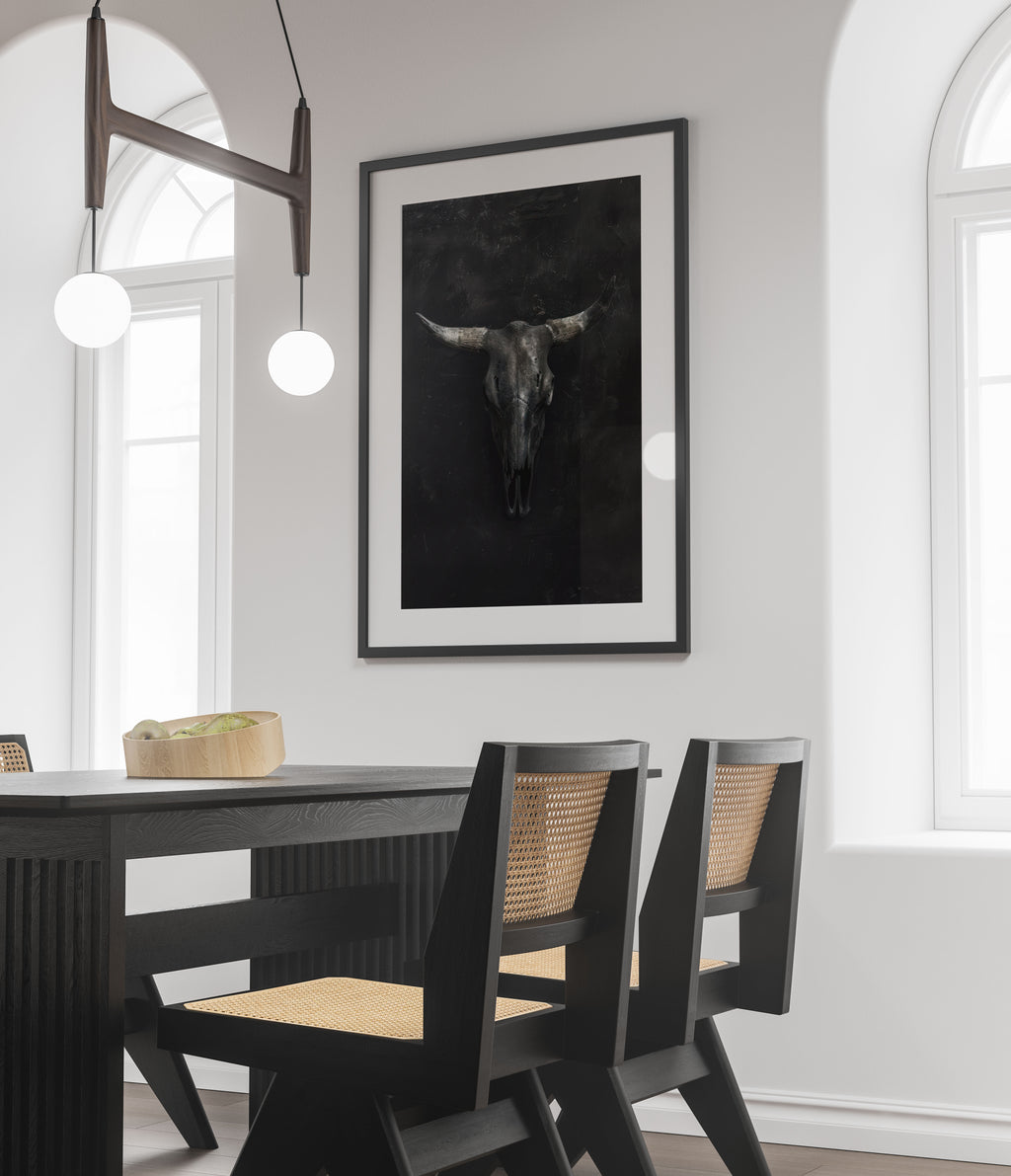 Dark Bull Skull Art Print - Gothic Wall Decor - Moody Animal Skull Poster