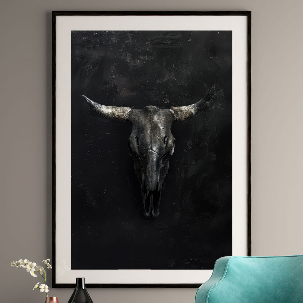 Dark Bull Skull Art Print - Gothic Wall Decor - Moody Animal Skull Poster