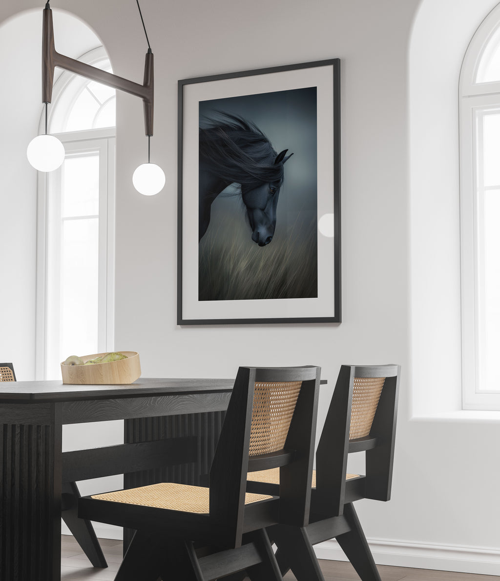 Black Horse Art Print - Majestic Animal in Tall Grass - Equine Wall Art