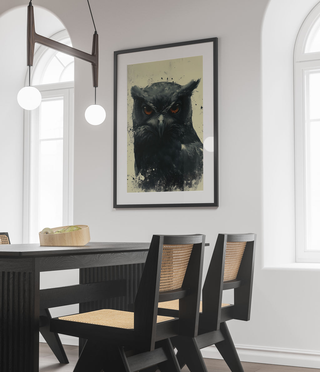 Black Owl Art Print - Orange Eyes - Wall Art