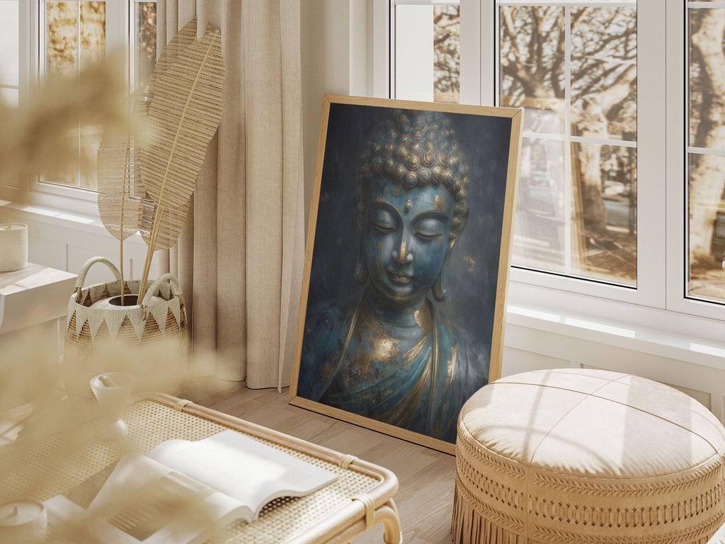 Blue and Gold Buddha Art Print - Zen Spiritual Wall Decor