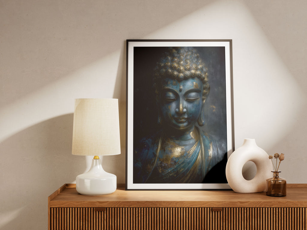 Blue and Gold Buddha Art Print - Zen Spiritual Wall Decor