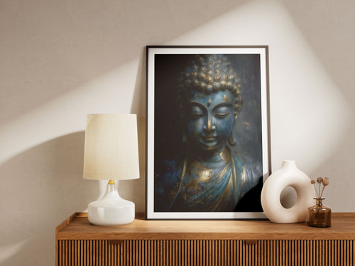 Blue and Gold Buddha Art Print - Zen Spiritual Wall Decor