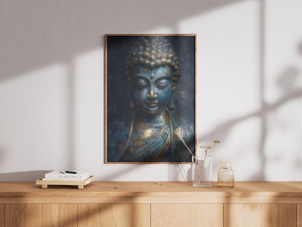 Blue and Gold Buddha Art Print - Zen Spiritual Wall Decor