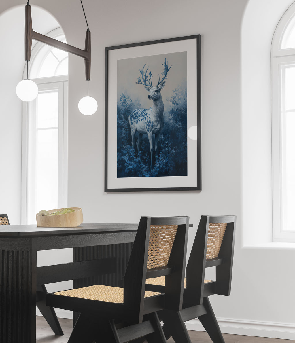 Enchanted Blue Forest Deer Art Print - Magical Woodland Wall Decor