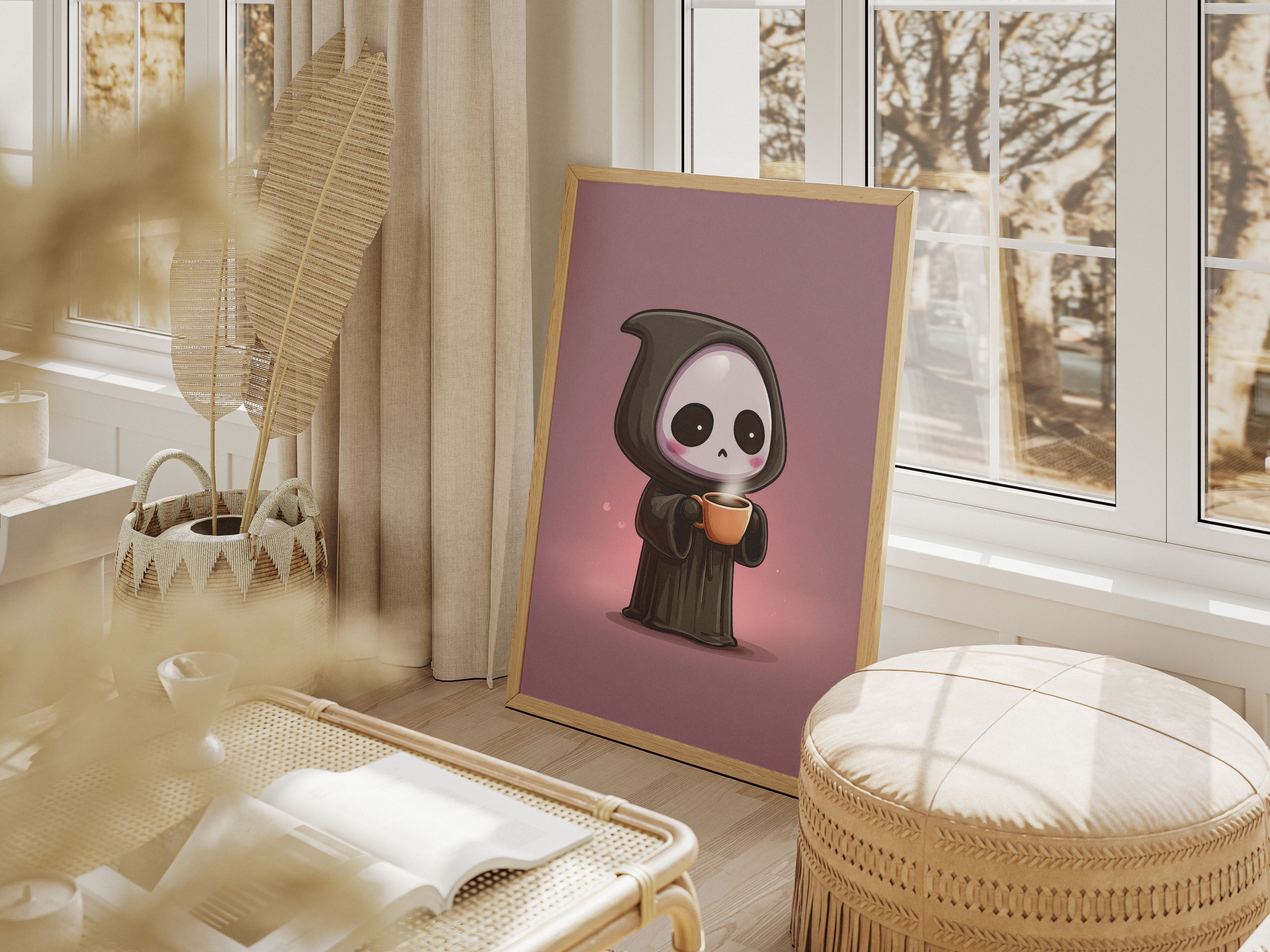 Cute Grim Reaper Art Print - Coffee Lover Wall Art - Kawaii Dark Humor Decor