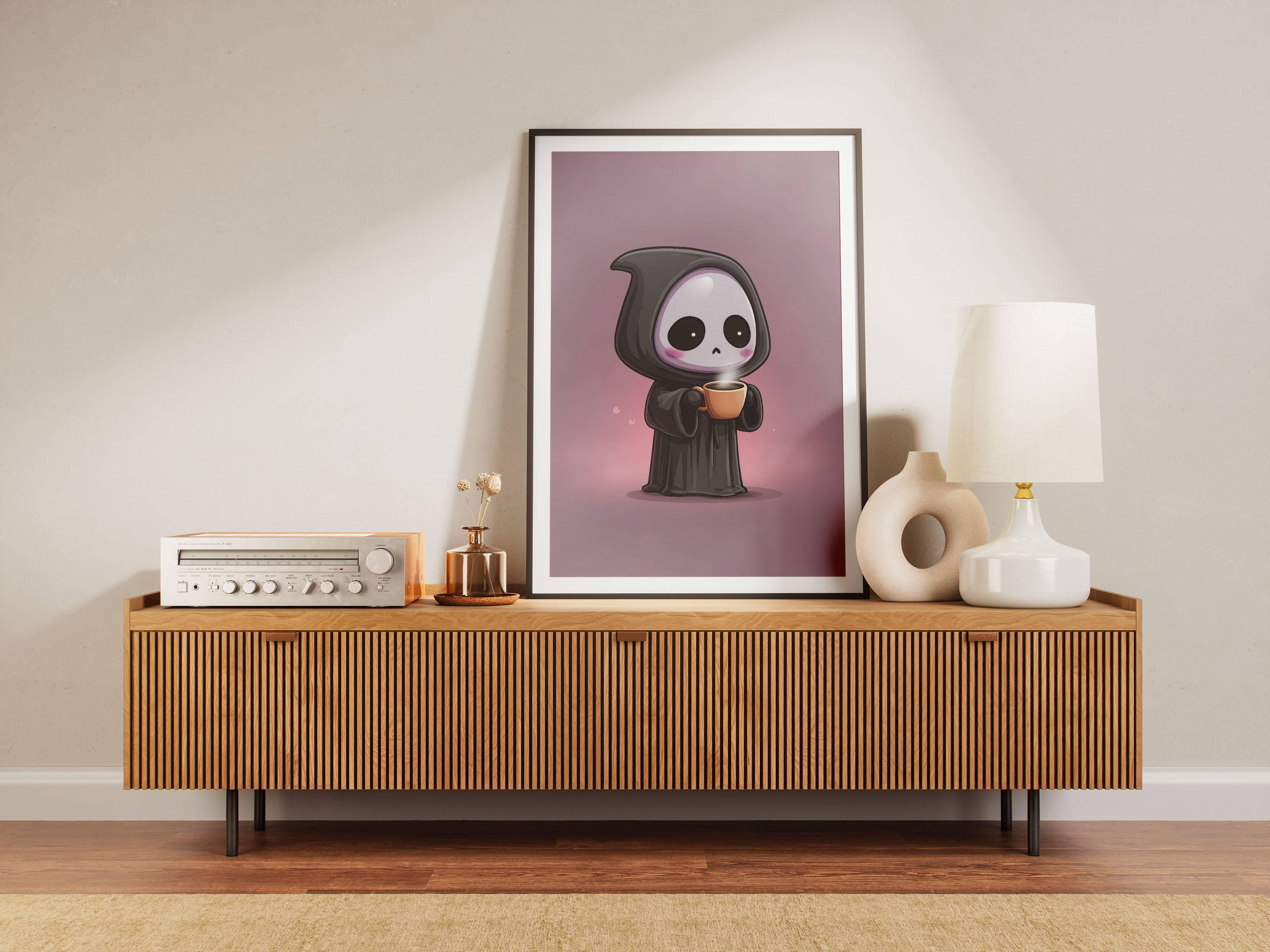 Cute Grim Reaper Art Print - Coffee Lover Wall Art - Kawaii Dark Humor Decor