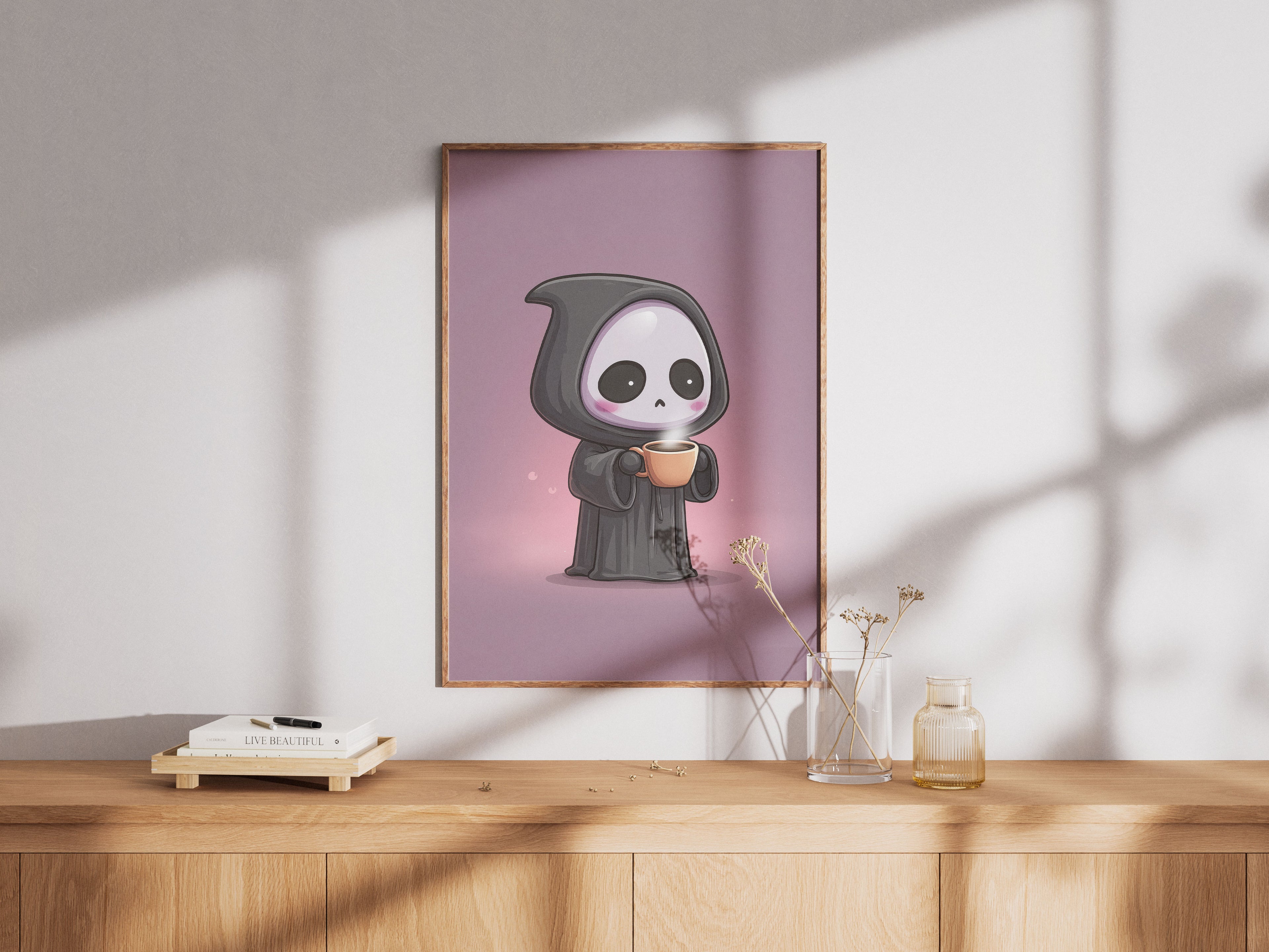Cute Grim Reaper Art Print - Coffee Lover Wall Art - Kawaii Dark Humor Decor
