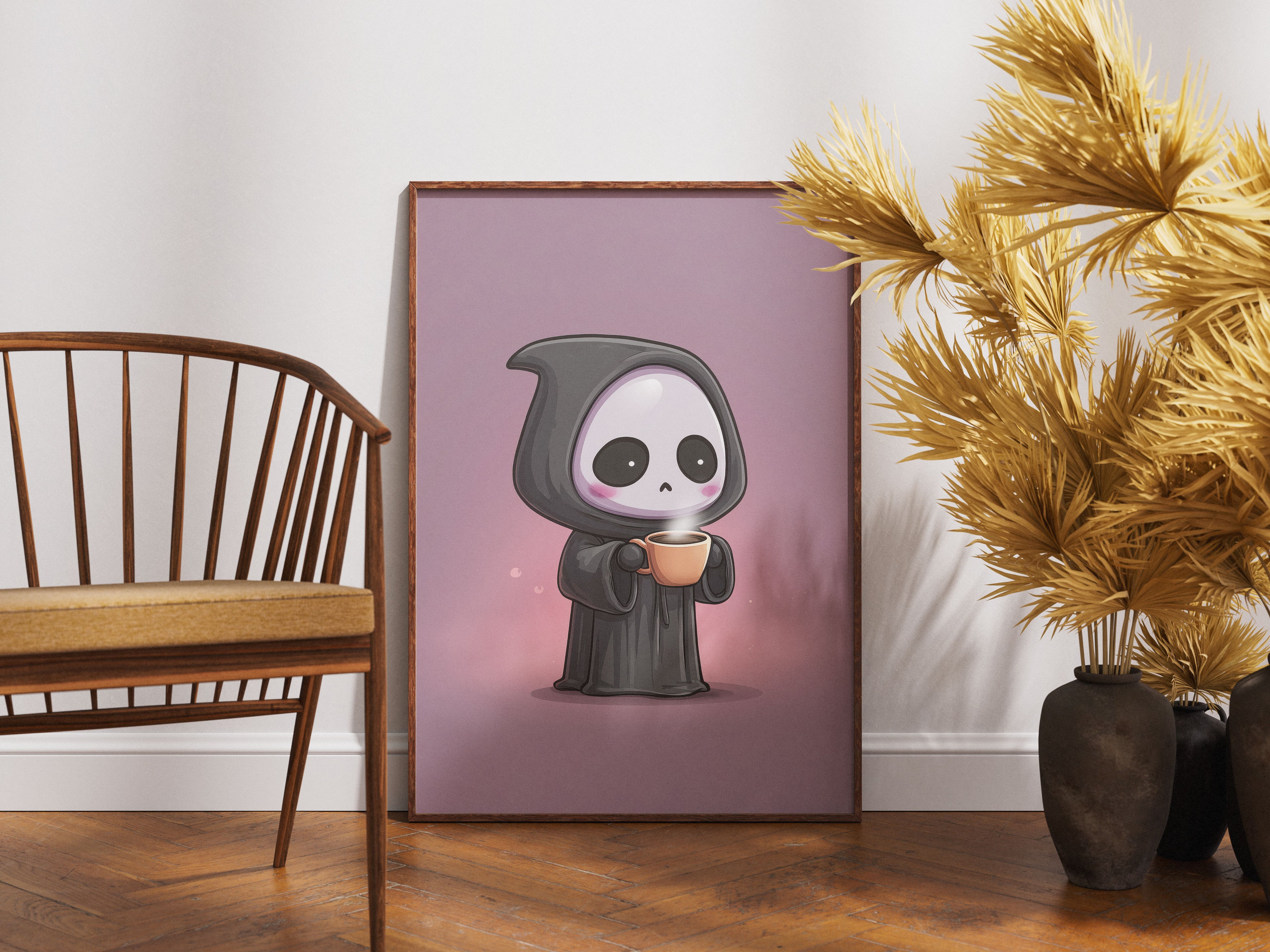 Cute Grim Reaper Art Print - Coffee Lover Wall Art - Kawaii Dark Humor Decor