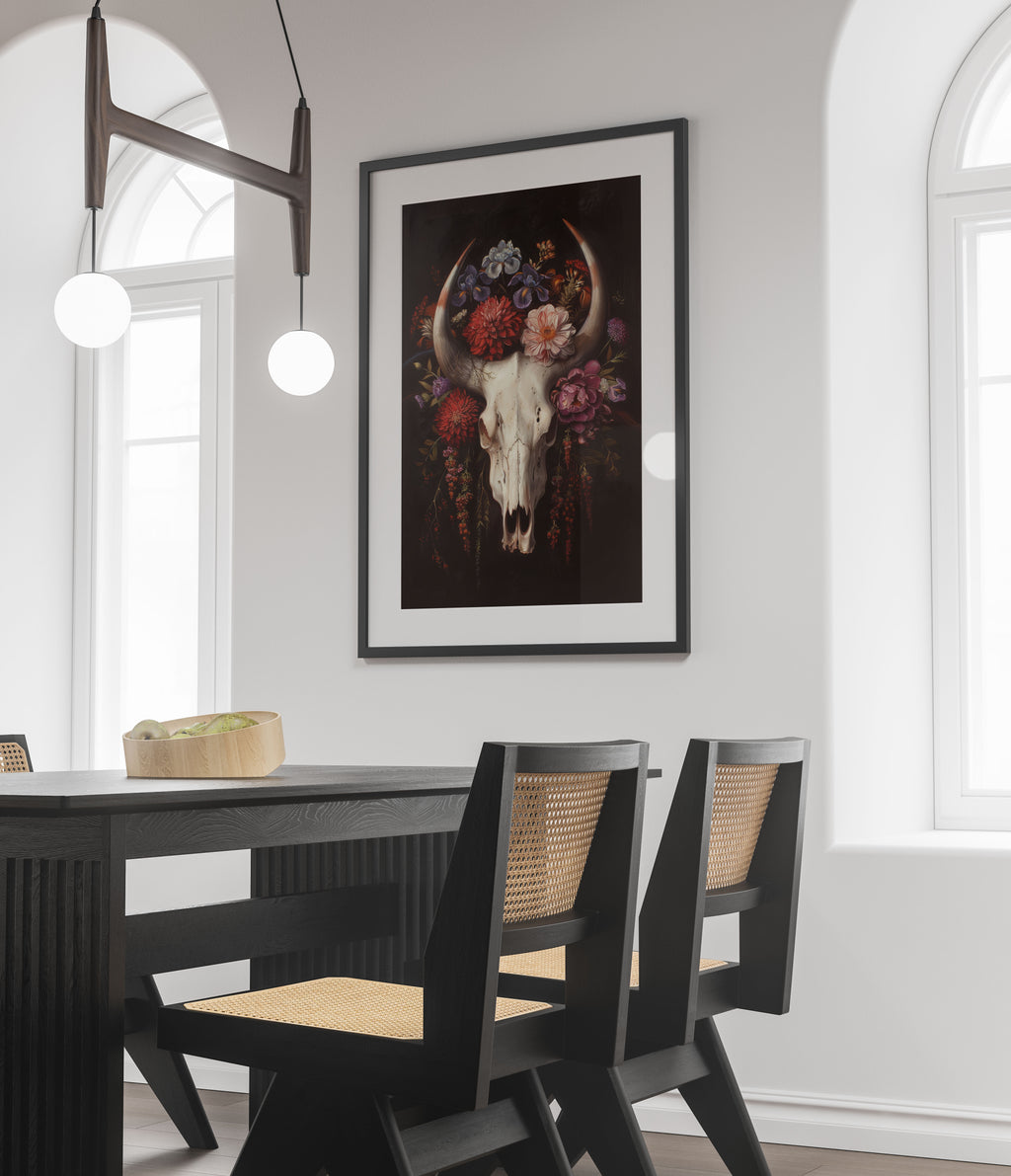 Floral Bull Skull Art Print - Dark Academia Wall Decor