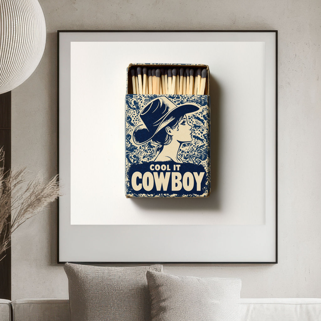 Cool It Cowboy Art Print – Vintage Matchbox Design – Americana Wall Decor