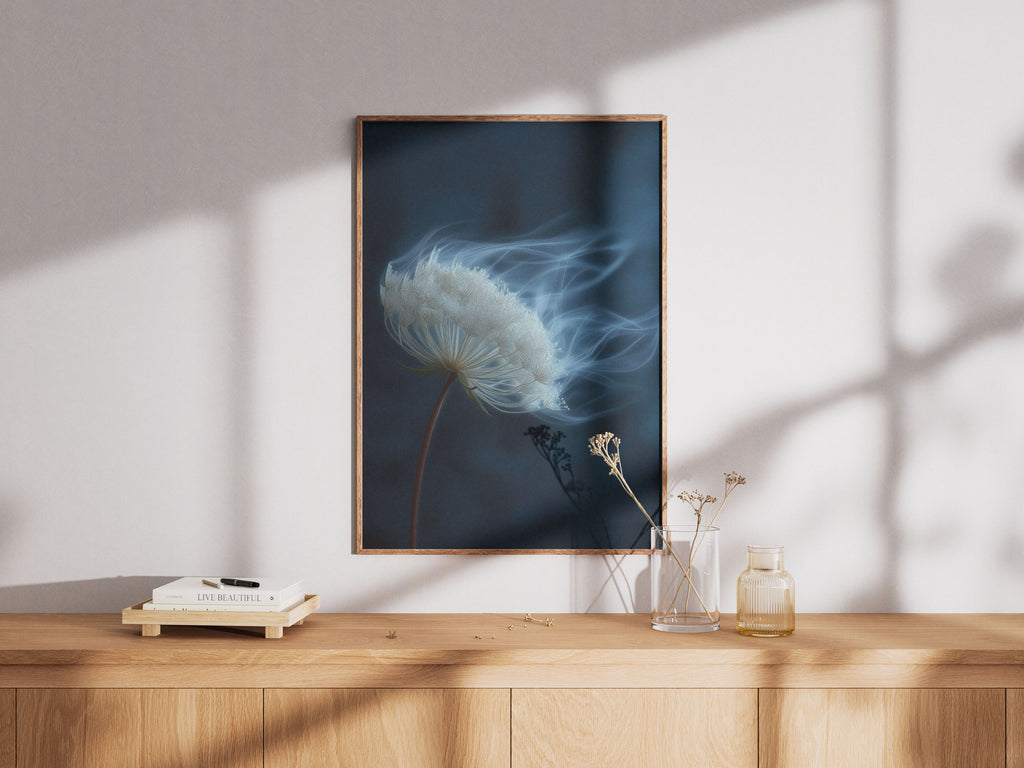 Dandelion Art Print - Moody Blue Botanical Wall Art