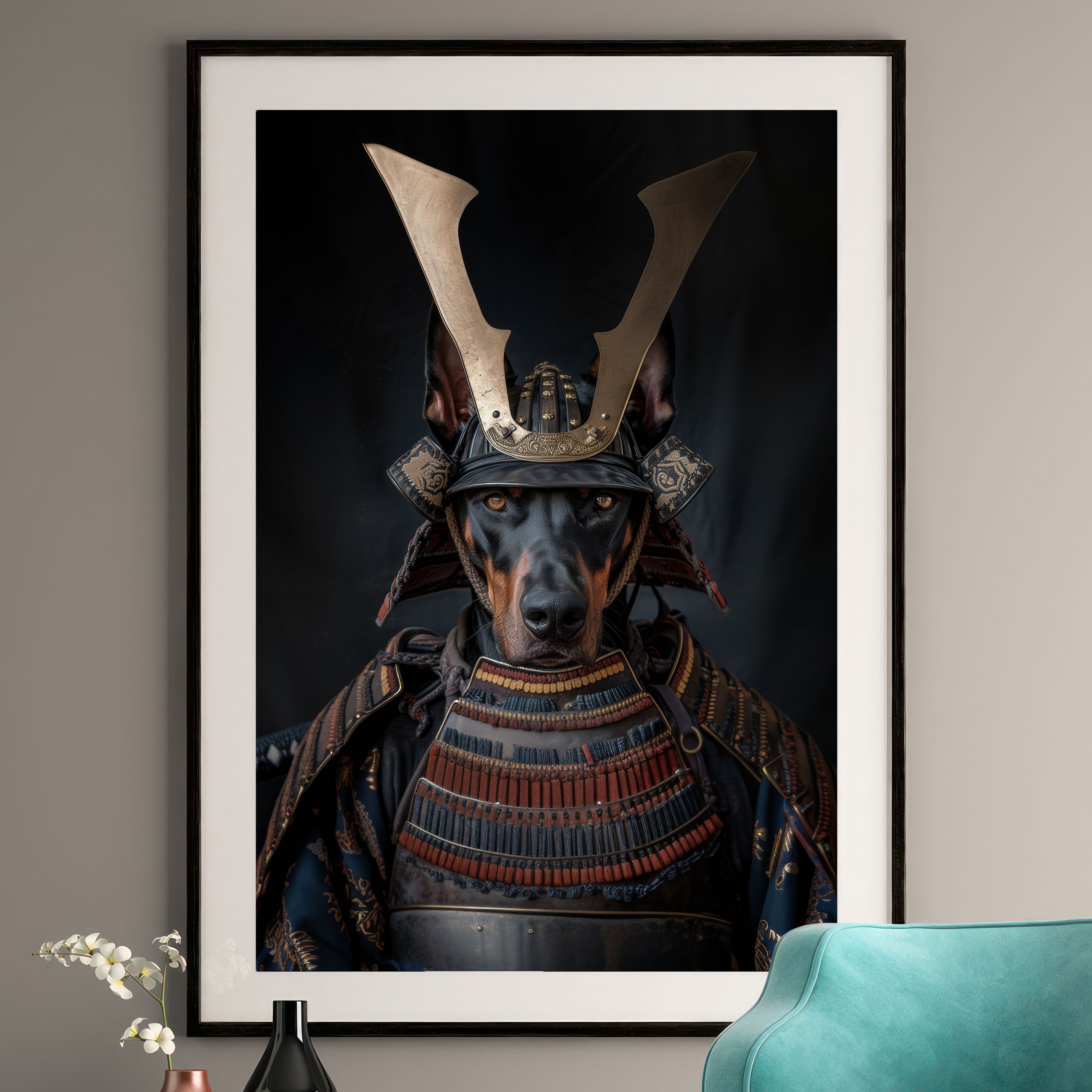 Samurai Doberman Art Print - Dog in Armor