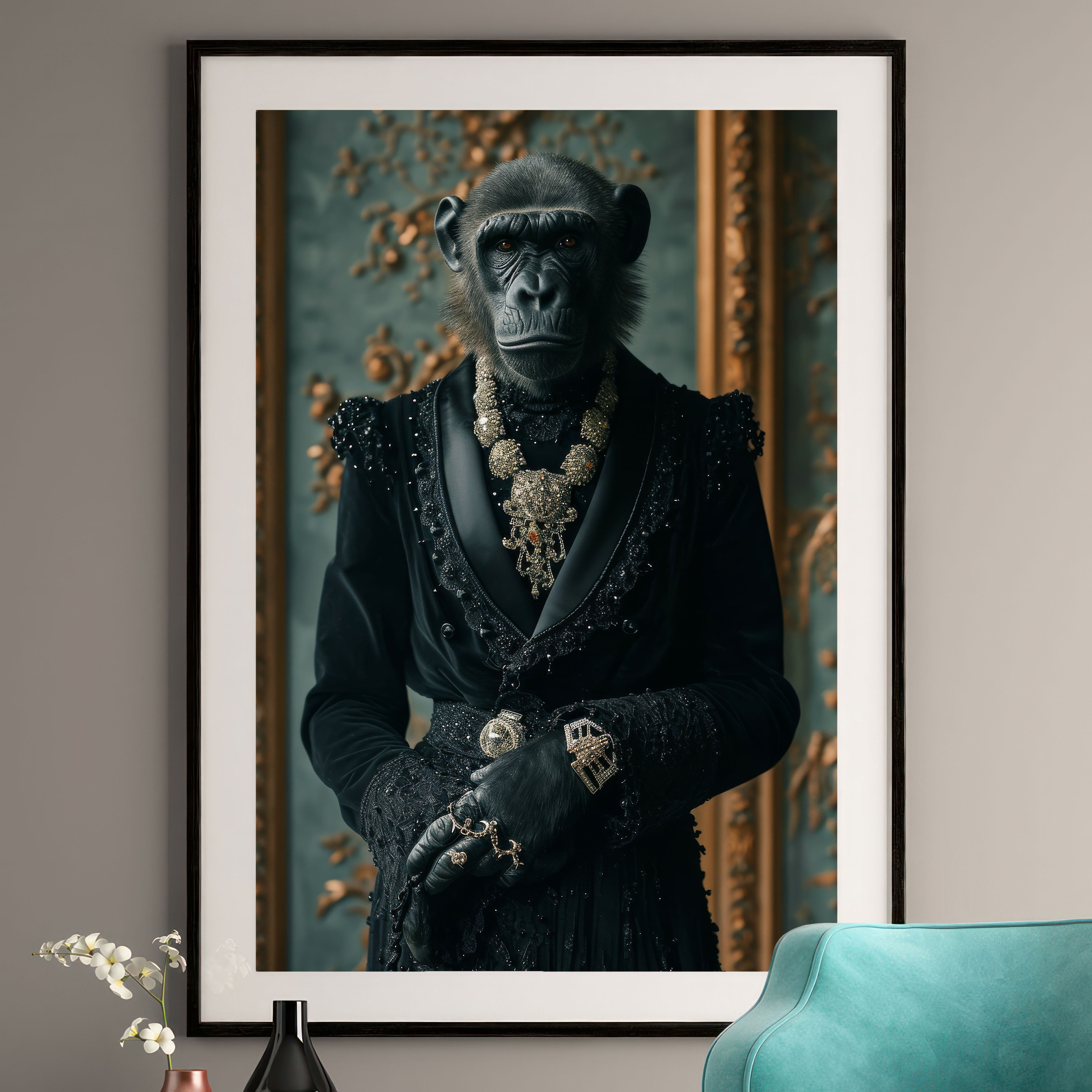 Royal Monkey Portrait Art Print - Sophisticated Animal Wall Decor