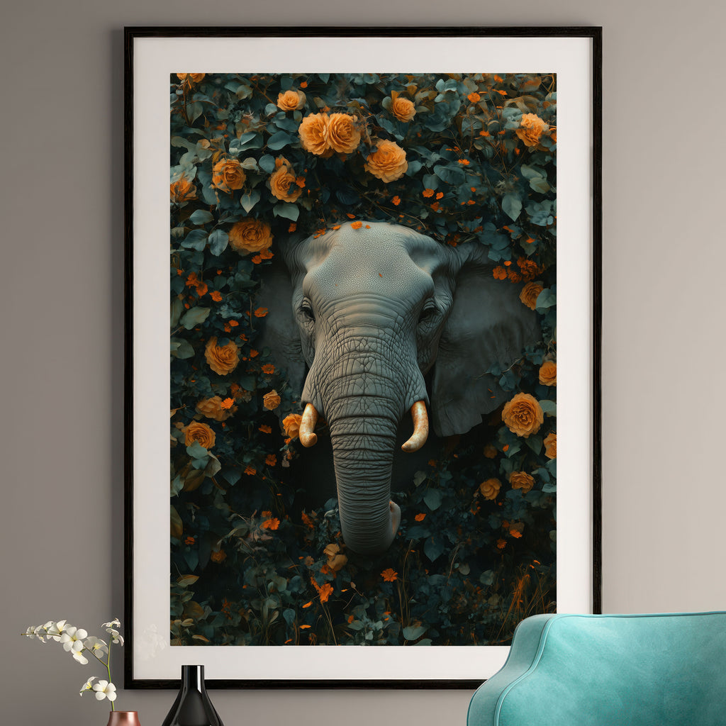 Elephant Floral Art Print - Orange Rose Wall Decor
