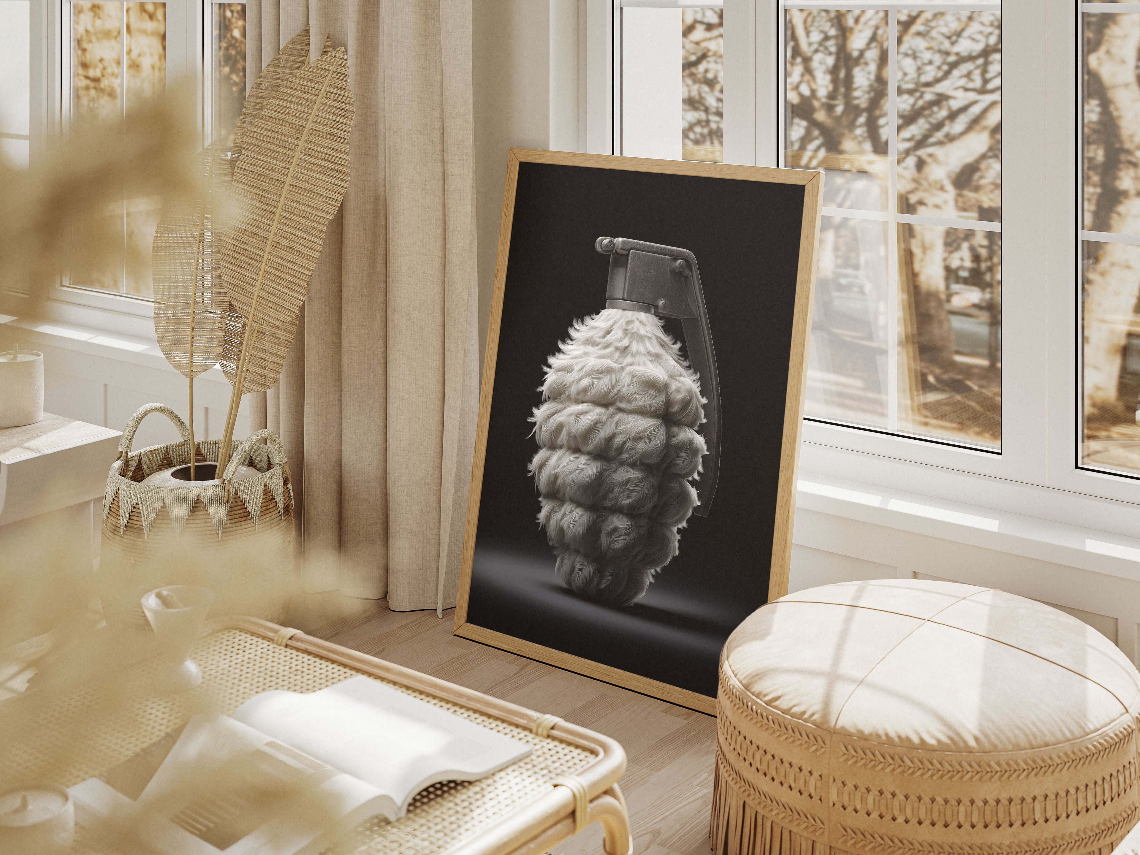 Feather Grenade Art Print - Surreal Conceptual Wall Decor