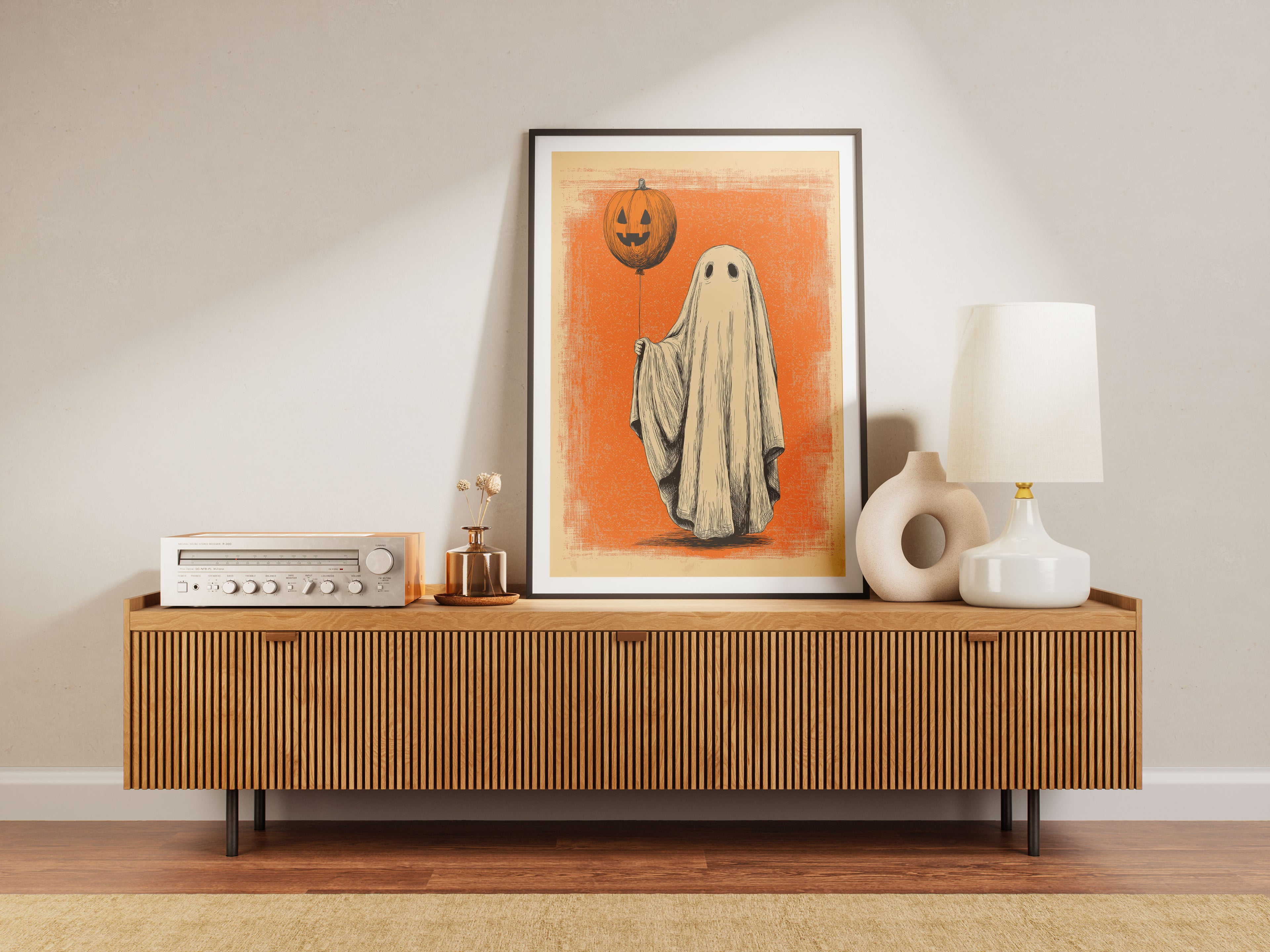 Ghost with Pumpkin Balloon Art Print - Vintage Halloween Wall Art - Retro Spooky Decor