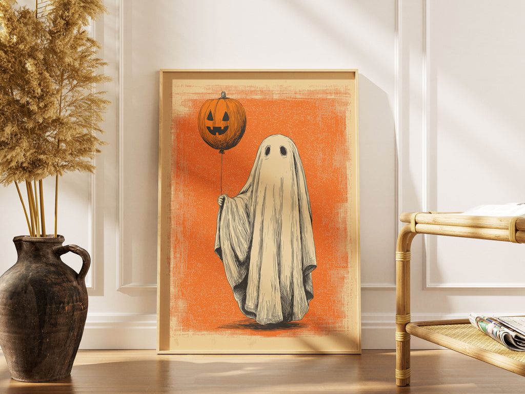 Ghost with Pumpkin Balloon Art Print - Vintage Halloween Wall Art - Retro Spooky Decor