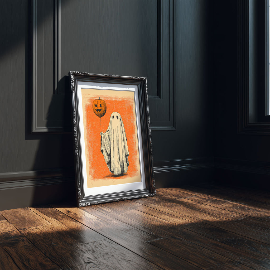 Ghost with Pumpkin Balloon Art Print - Vintage Halloween Wall Art - Retro Spooky Decor