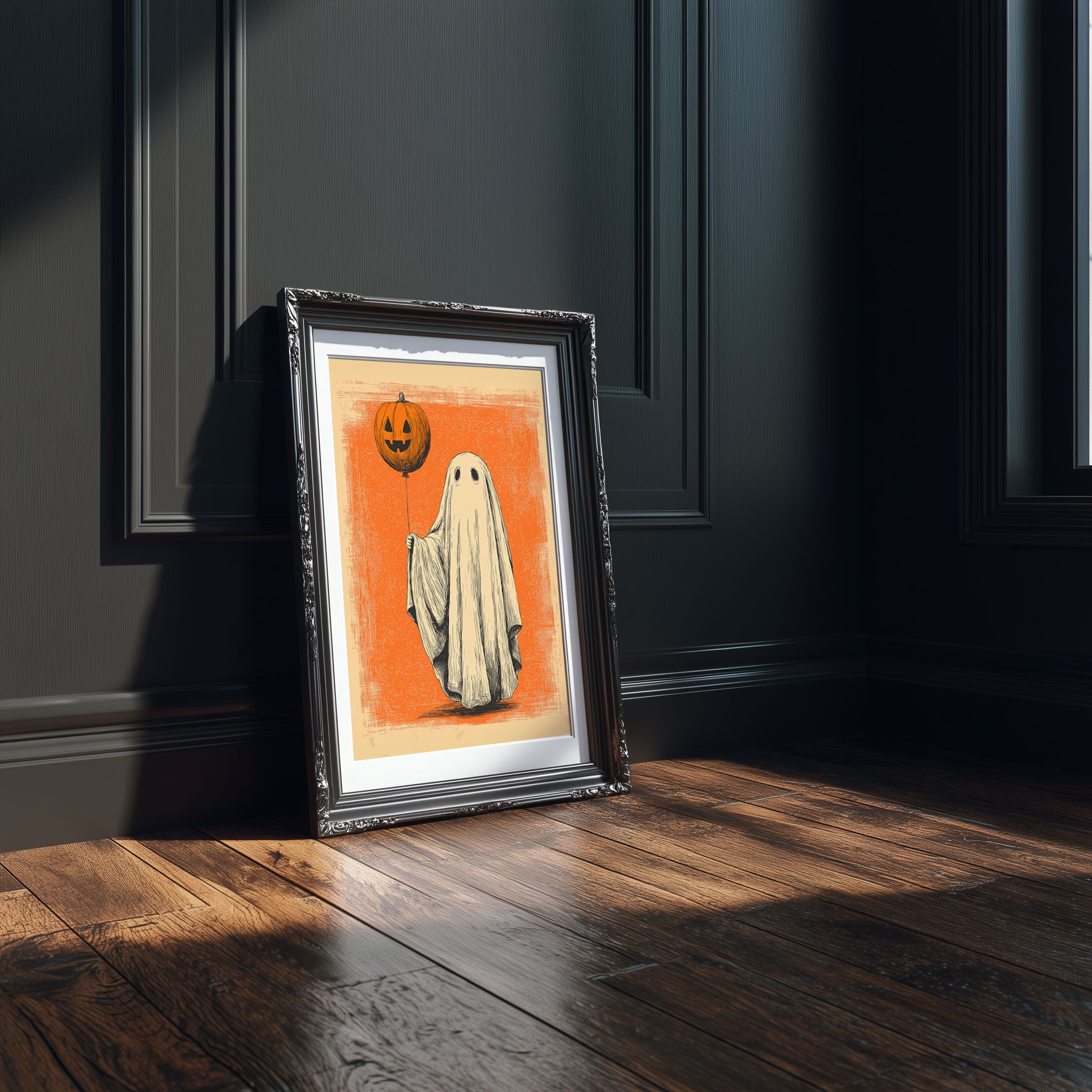 Ghost with Pumpkin Balloon Art Print - Vintage Halloween Wall Art - Retro Spooky Decor