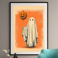 Ghost with Pumpkin Balloon Art Print - Vintage Halloween Wall Art - Retro Spooky Decor
