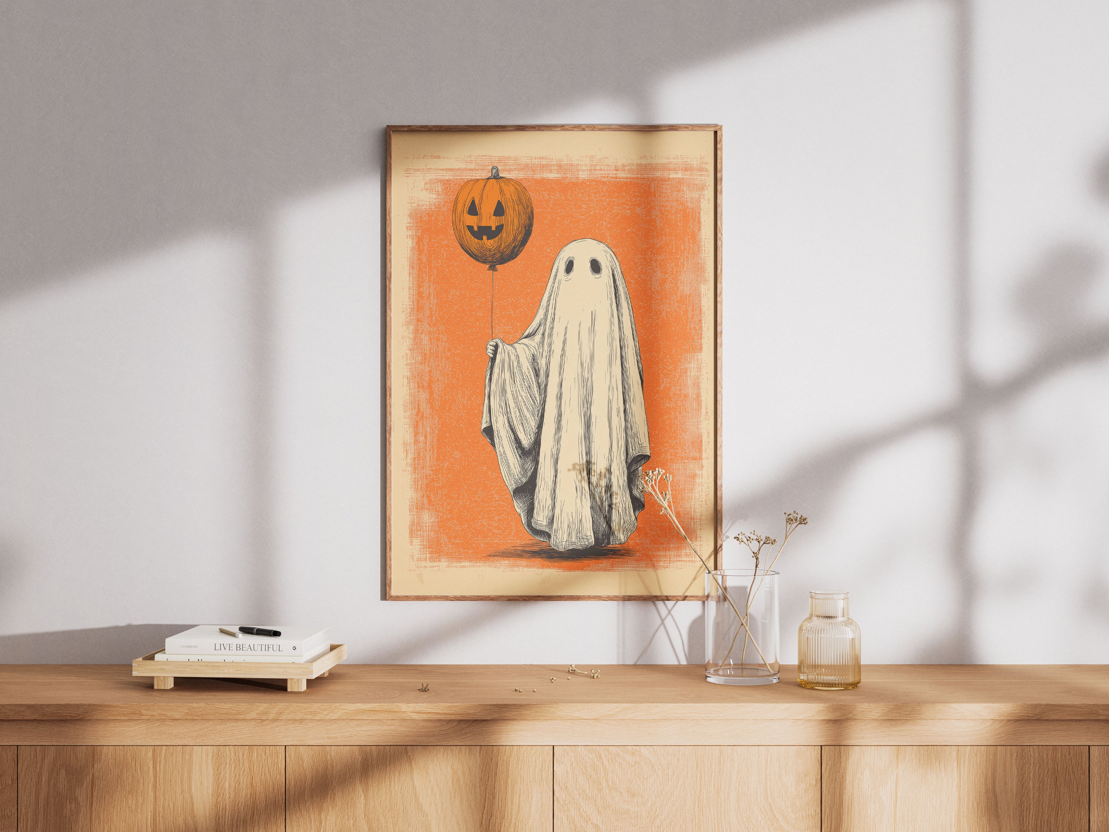 Ghost with Pumpkin Balloon Art Print - Vintage Halloween Wall Art - Retro Spooky Decor