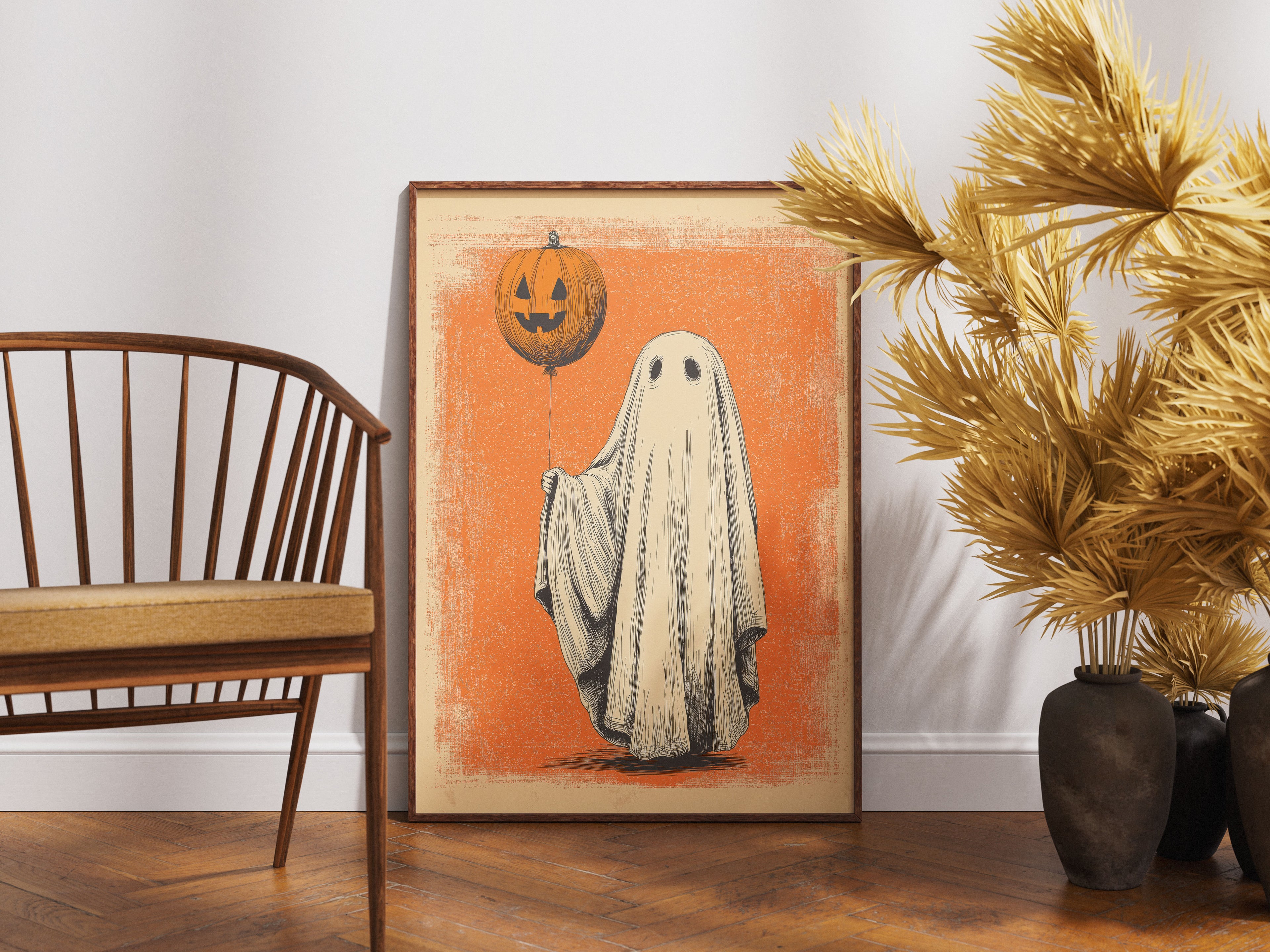 Ghost with Pumpkin Balloon Art Print - Vintage Halloween Wall Art - Retro Spooky Decor