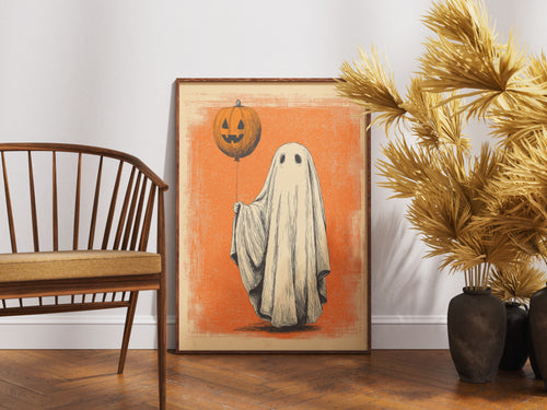 Ghost with Pumpkin Balloon Art Print - Vintage Halloween Wall Art - Retro Spooky Decor
