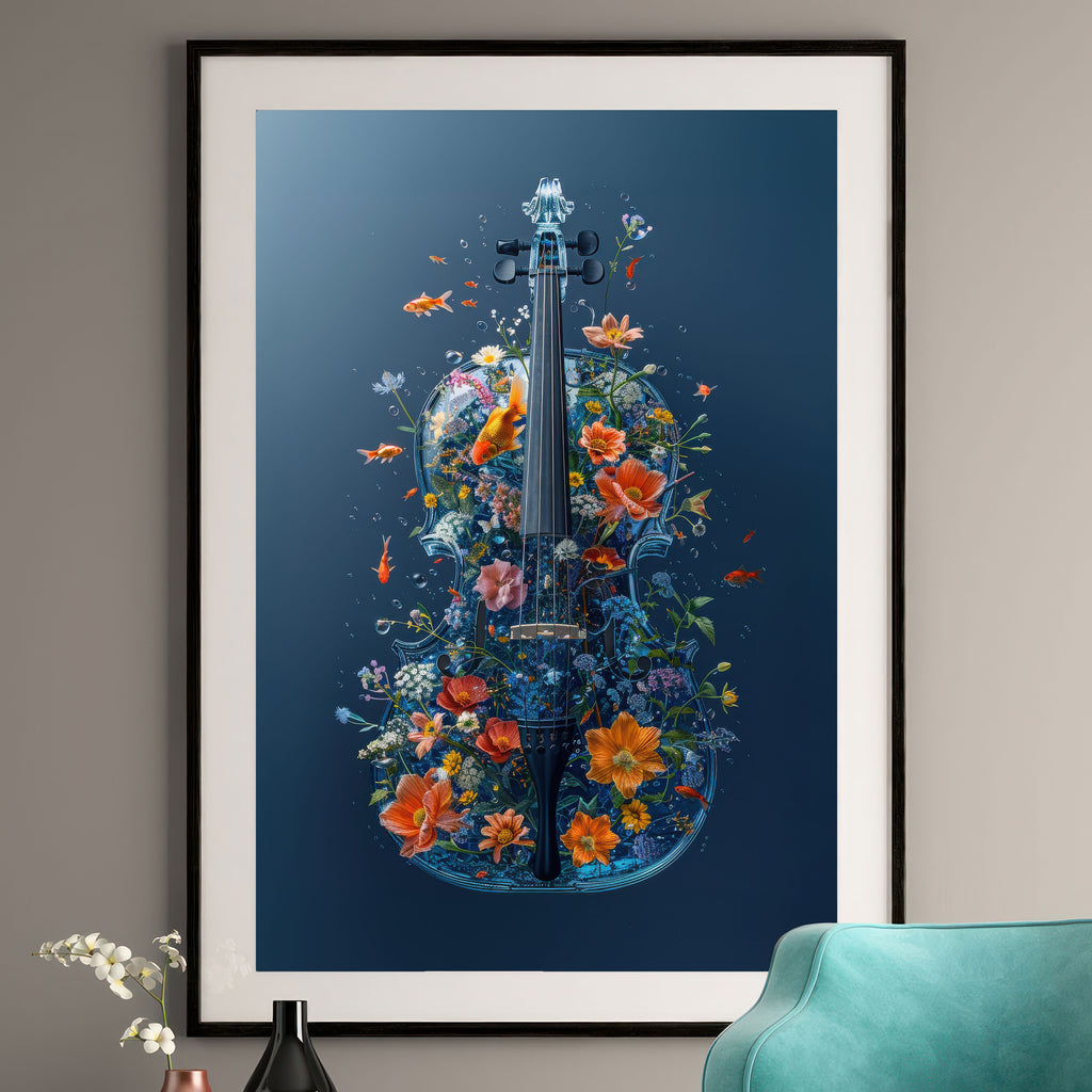 Whimsical Violin Art Print - Watercolor Music Wall Art with Goldfish