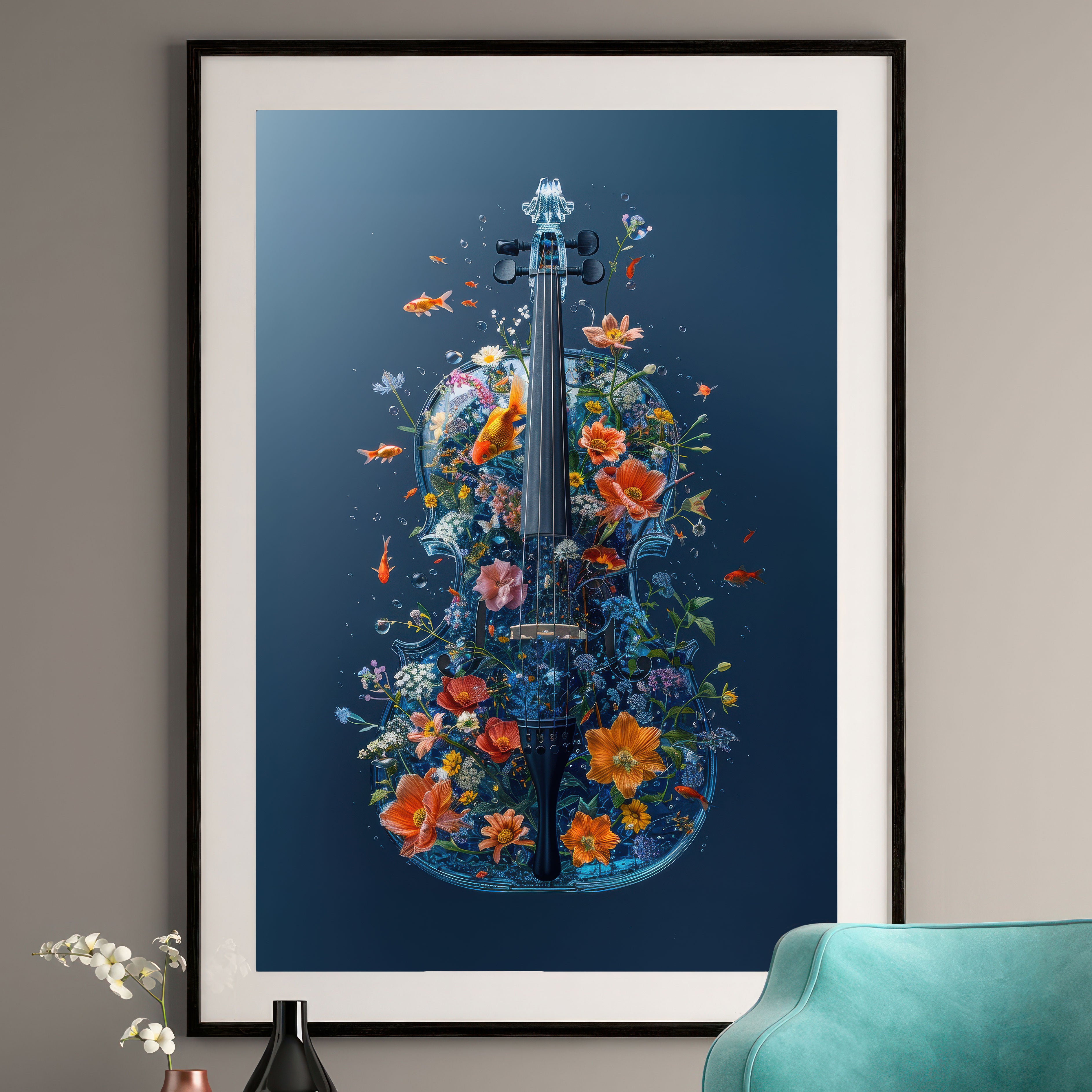 Whimsical Violin Art Print - Watercolor Music Wall Art with Goldfish
